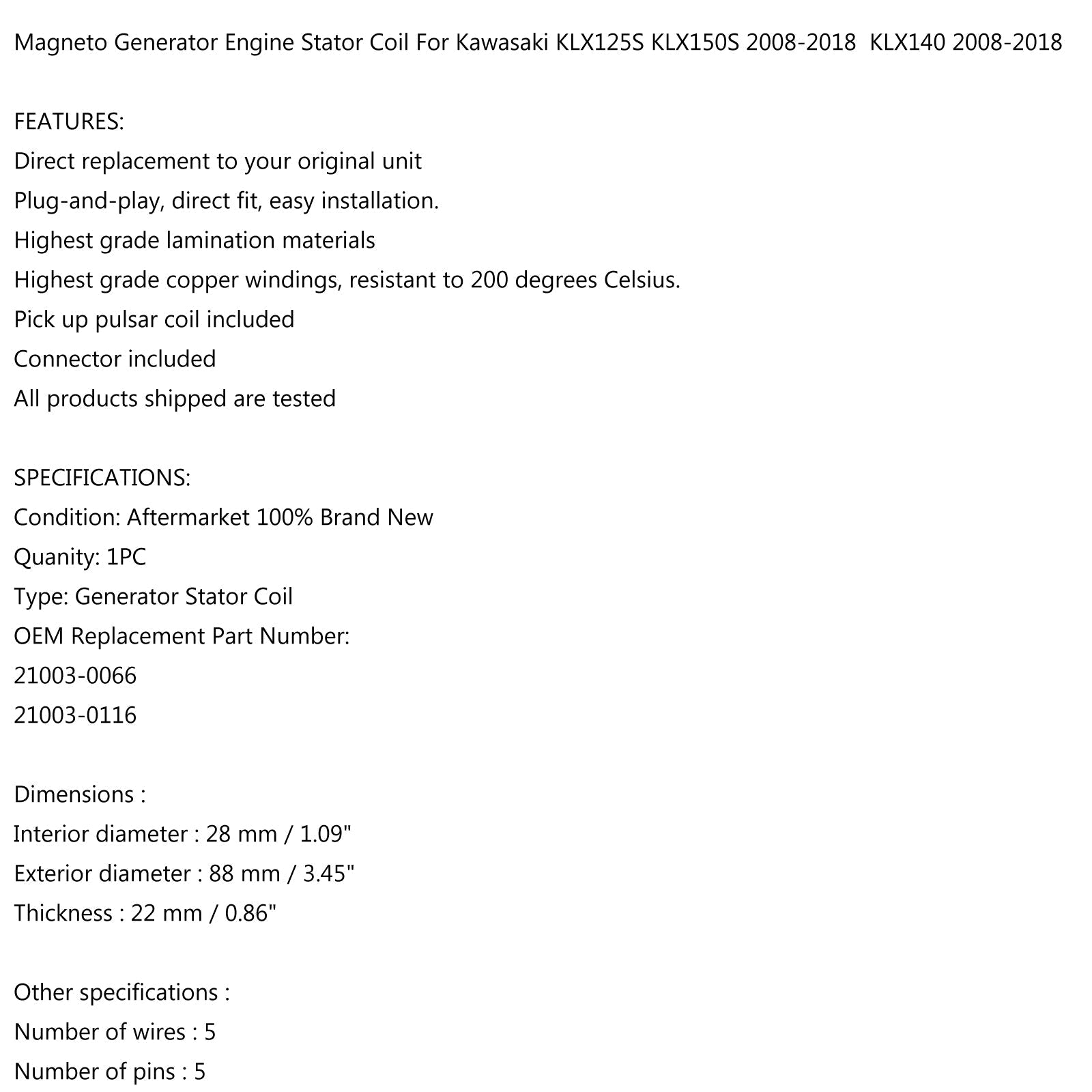 Cewka stojana generatora magneto dla Kawasaki KLX125S KLX150S KLX140 LAG 08-18 Generic