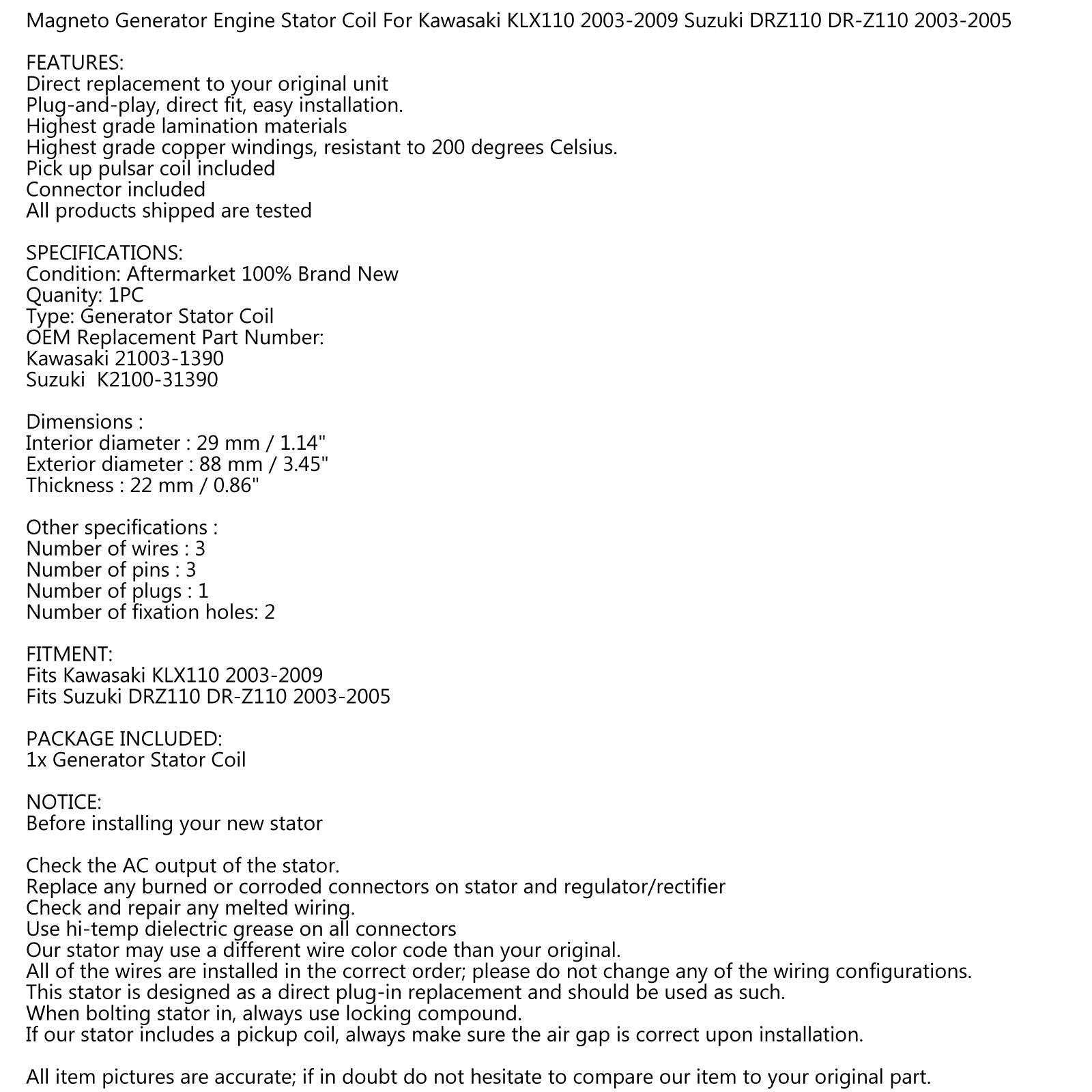 Cewka stojana generatora Magneto dla Kawasaki KLX110 03-09 Suzuki DRZ110 2003-05 Generic