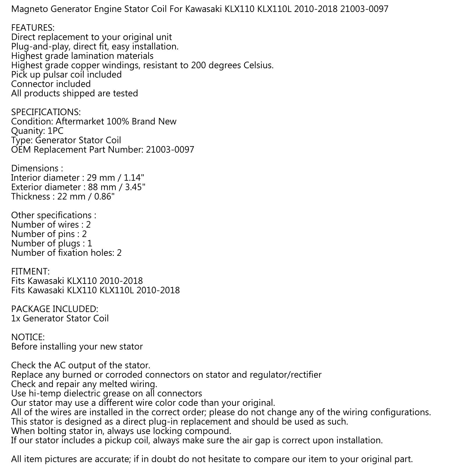 Cewka stojana generatora Magneto dla Kawasaki KLX110 KLX110L 2010-2018 21003-0097 Generic