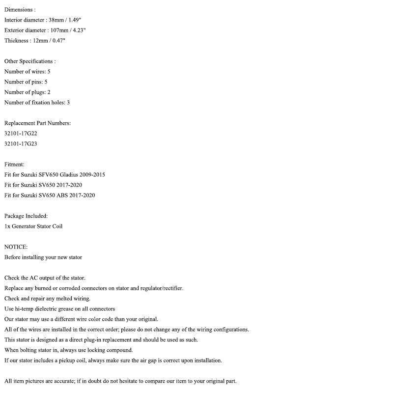 Stator generatorja magneta, primeren za Suzuki SV650/ABS 2017-2020 SFV650 2009-2015