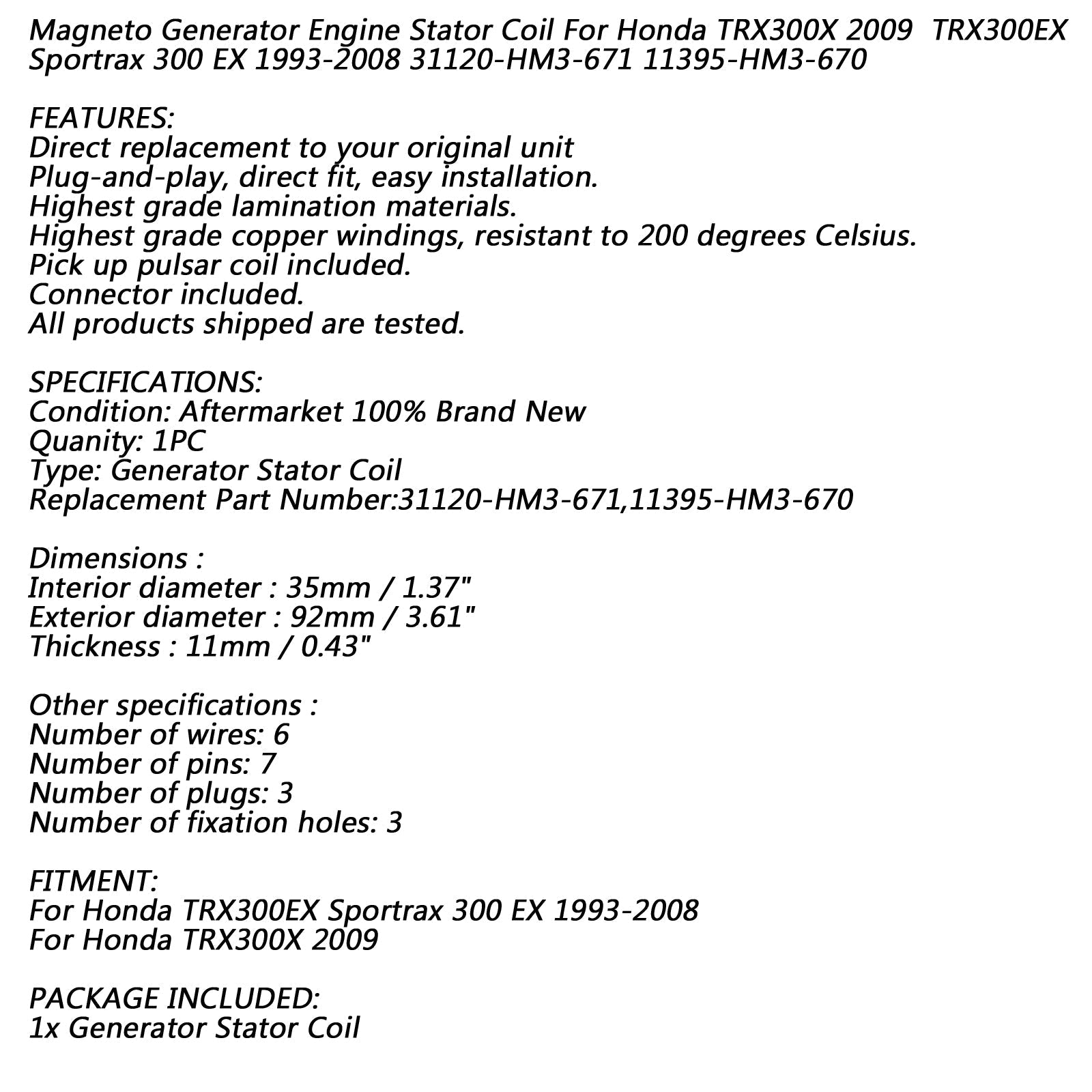 18-biegunowa cewka stojana dla Honda TRX300EX Sportrax 300 EX 1993-2008 TRX300X 2009 Generic