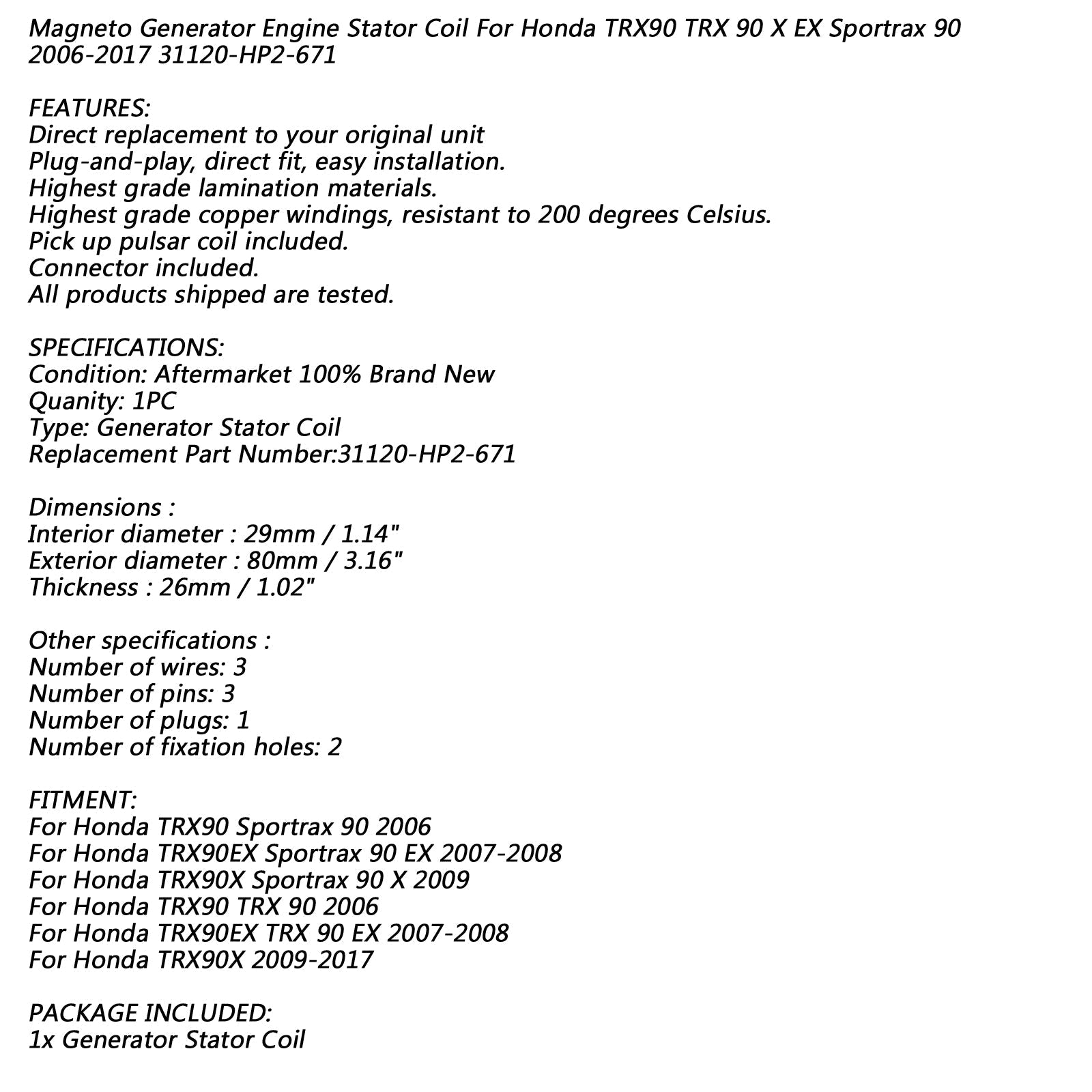5-biegunowa cewka stojana dla Honda TRX90 X EX Sportrax 06-09 TRX90 TRX 90 EX X 06-17 Generic