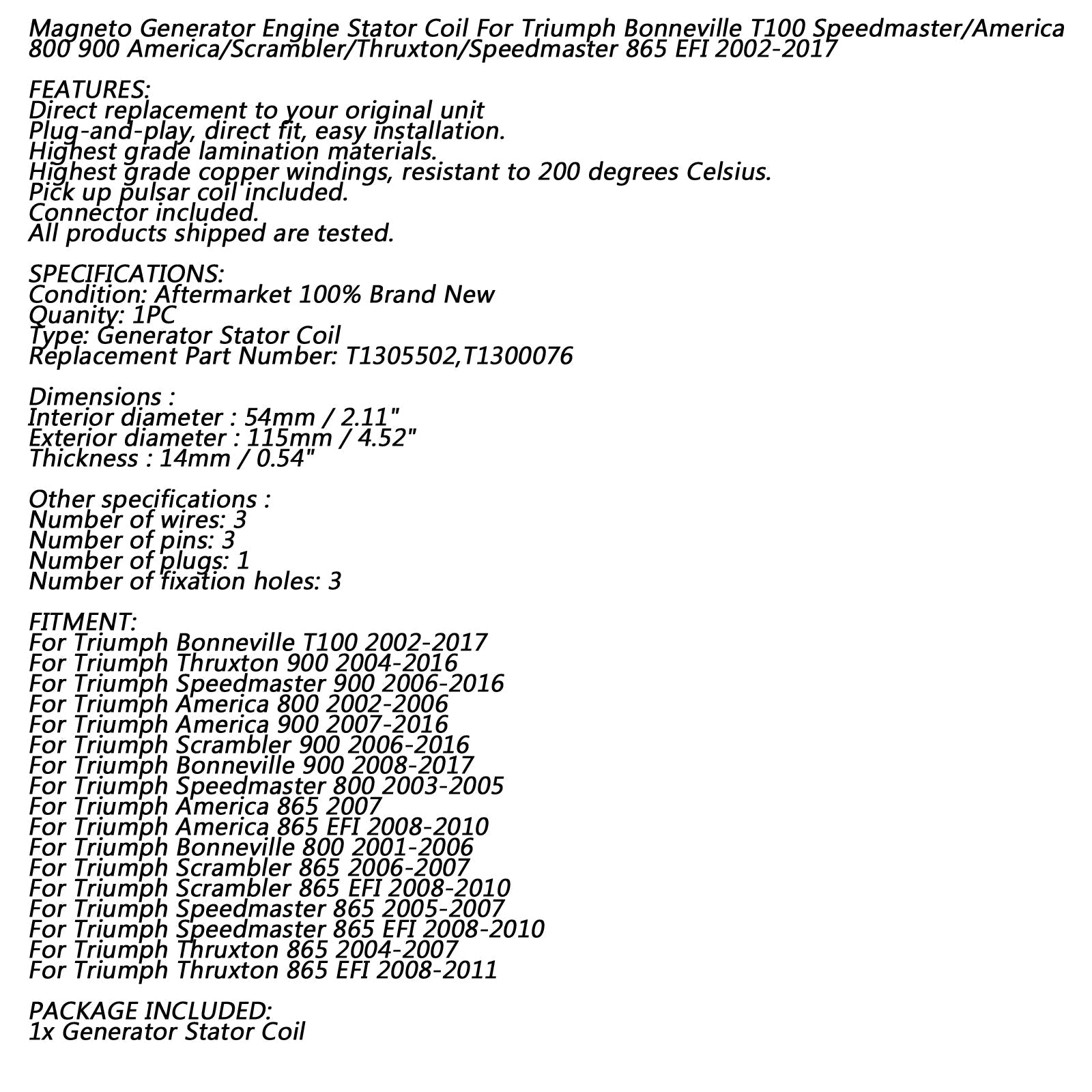 Staattorikela Triumph Scrambler/Bonneville/America/Thruxton/Speedmaster 900 geneeriselle