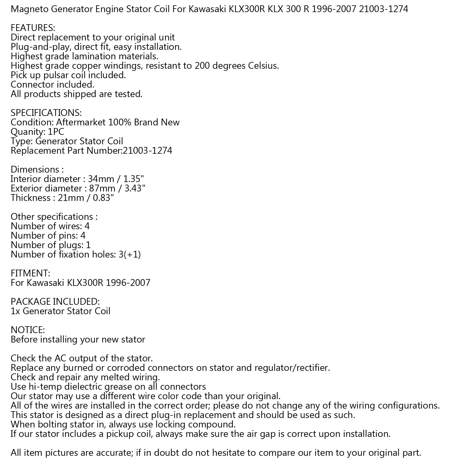 Bobina statore alternatore per Kawasaki KLX 300 KLX300R 1996-2007 #.21003-1274 Generico