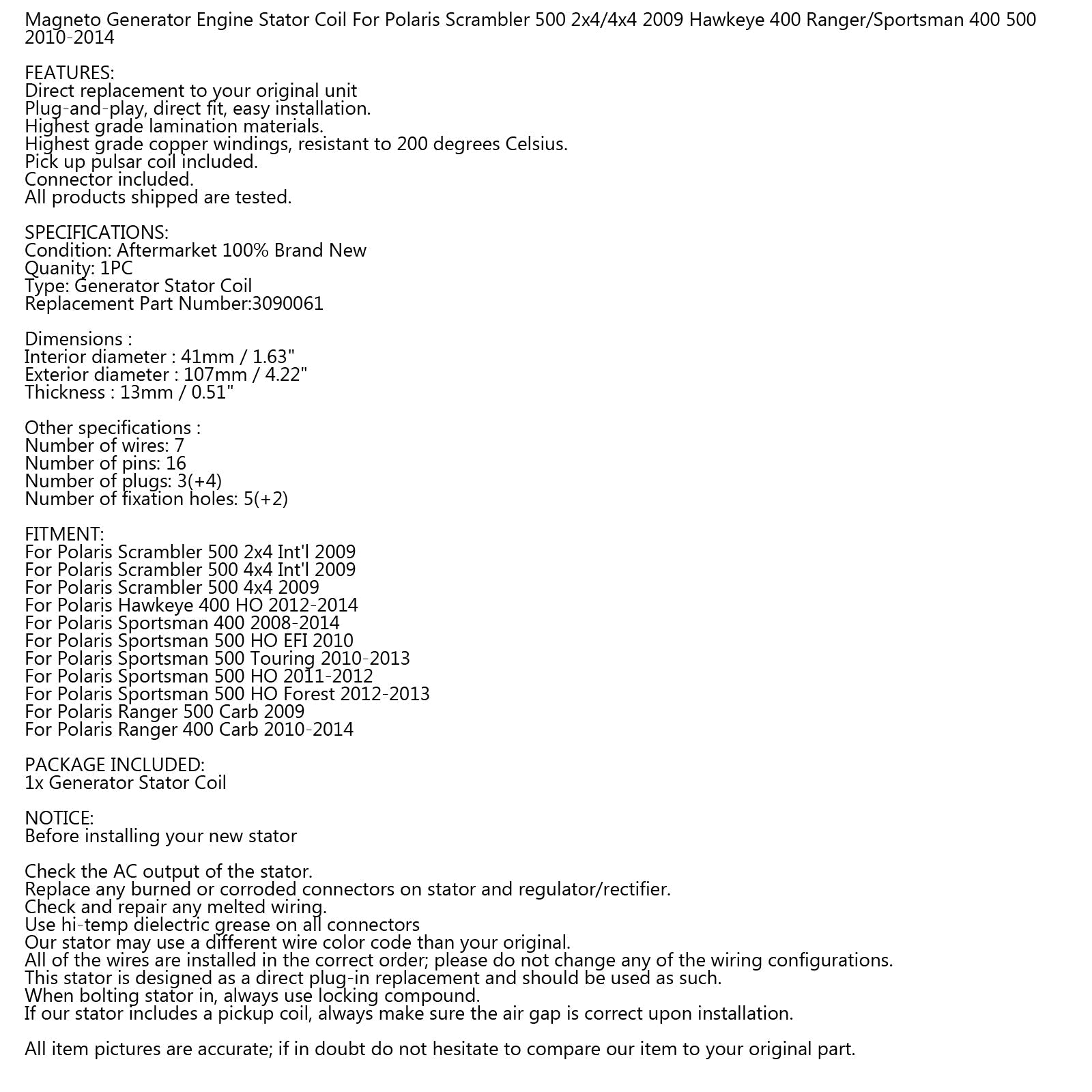Bobina del estator del alternador para Polaris Sportsman Ranger 400 500 08-14 #.3090061 Genérico