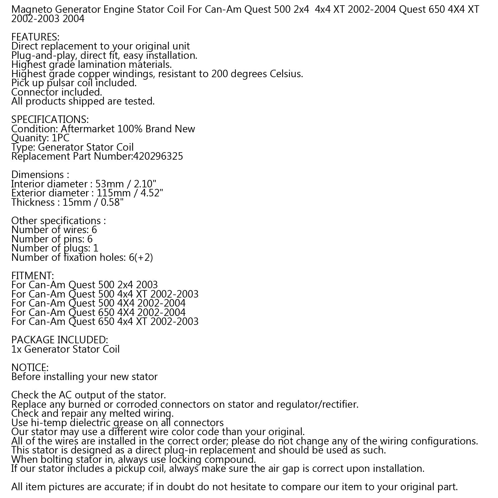 Cewka stojana alternatora dla Can-Am Quest 500 650 4x4 02-04 Bombardier 420296325 Generic