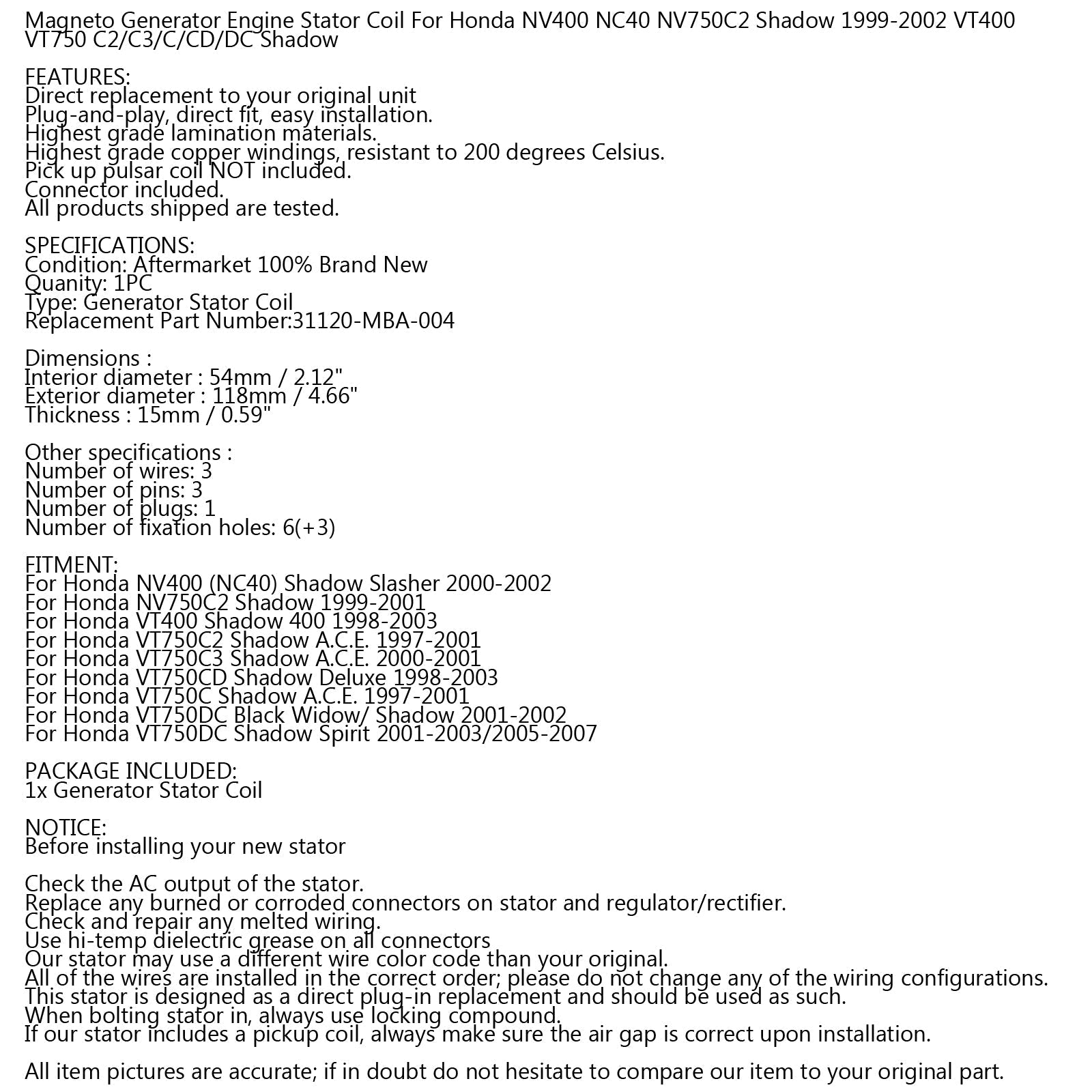 Cewka stojana alternatora dla Honda NV750 C Shadow NV400 VT400 97-03 31120-MBA-004 Generic