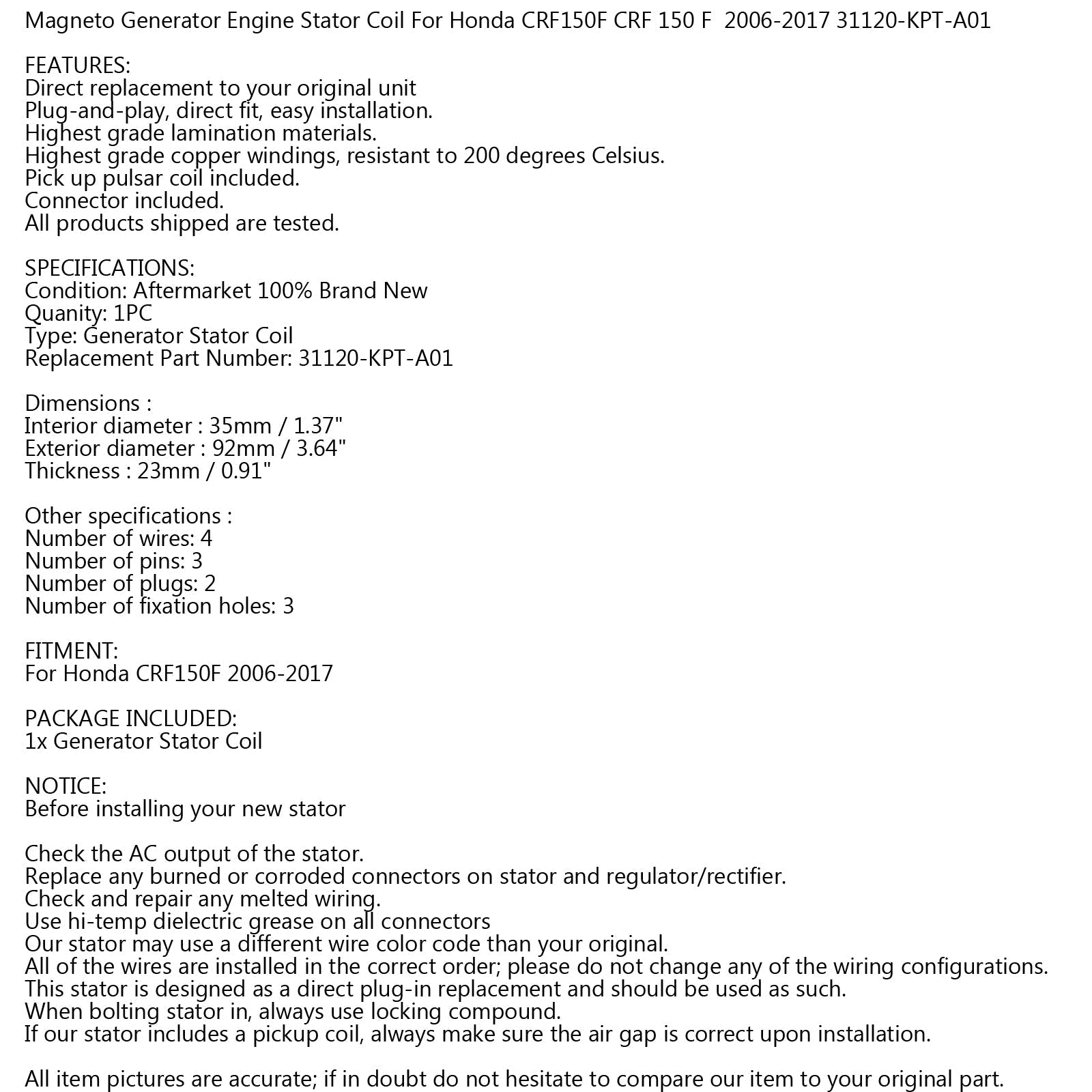 Cewka stojana alternatora do Hondy CRF150F 2006-2017 Wymień. #31120-KPT-A01 Ogólny