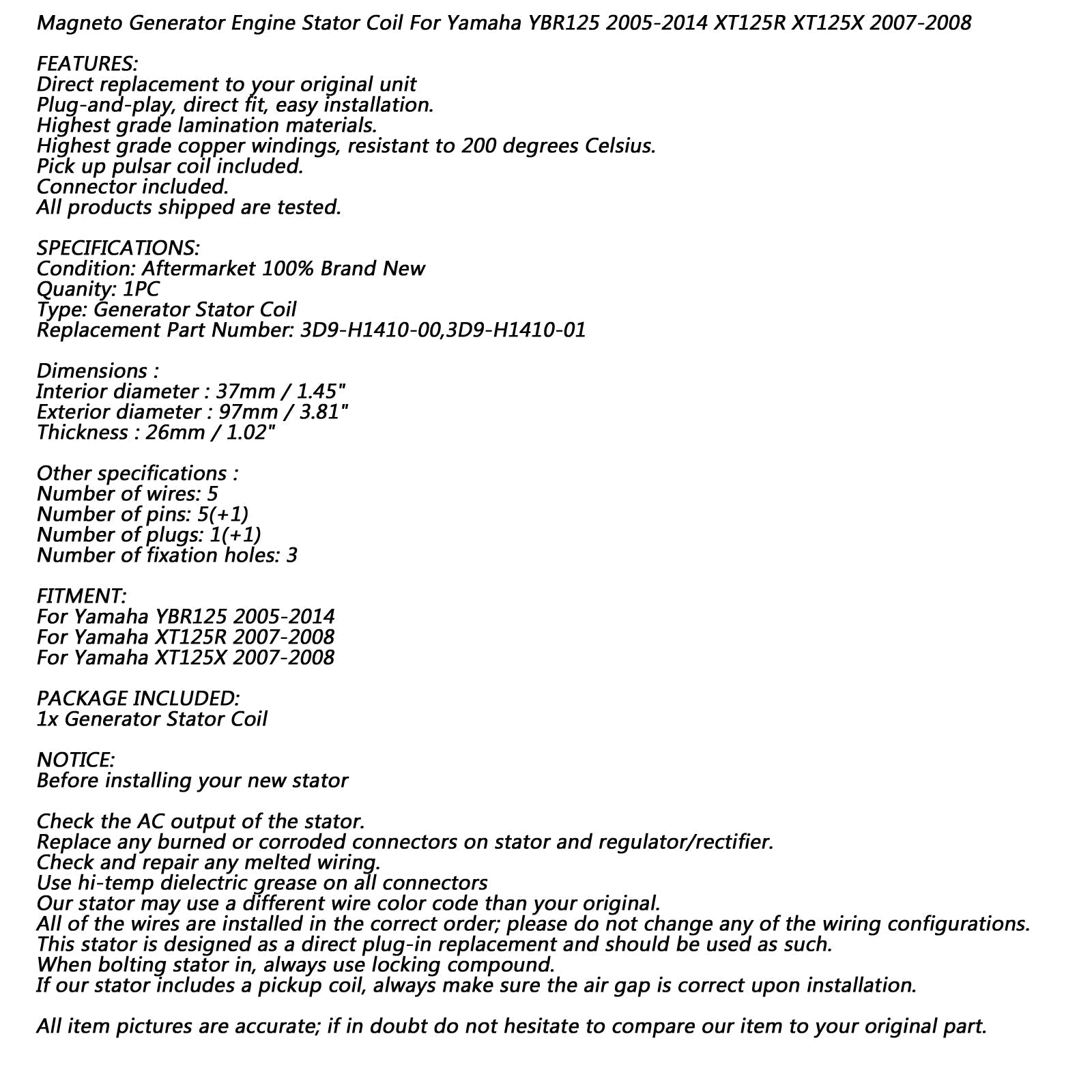 Stator alternatorja za Yamaha XT125 X/R YBR125 05-14 3D9-H1410-00 3D9-H1410-01 Generic