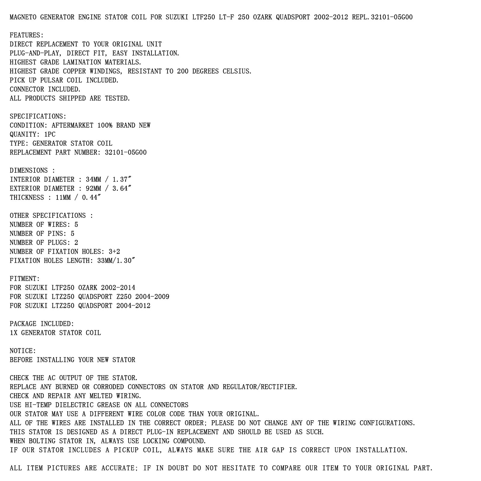 Estator alternador para Suzuki LTZ250 LT-Z250 QuadSport Z250 2004-2009 32101-05G00 genérico