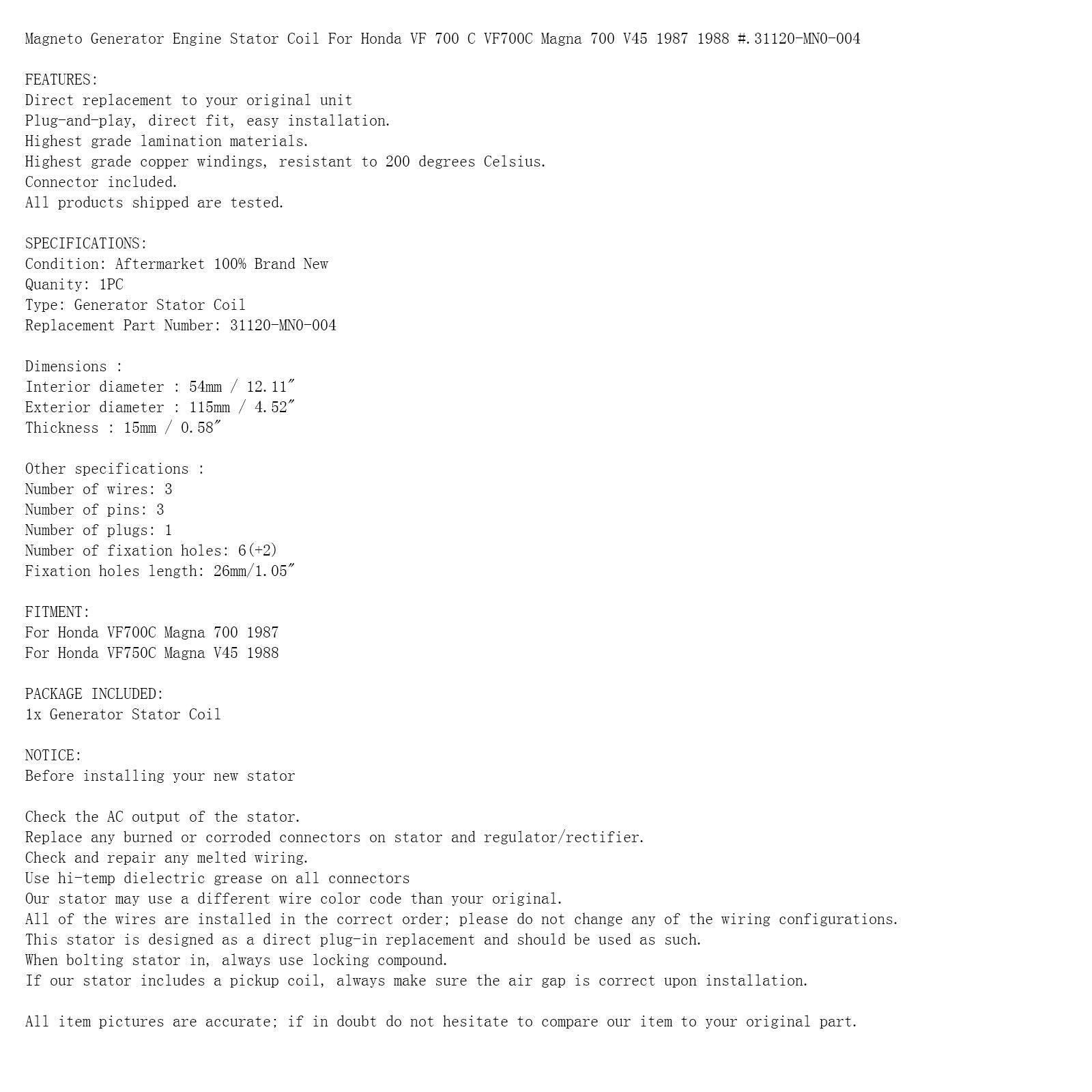 Stator d'alternateur pour Honda Magna VF700C VF750C (V45) 1987-1988 31120-MN0-004 Générique