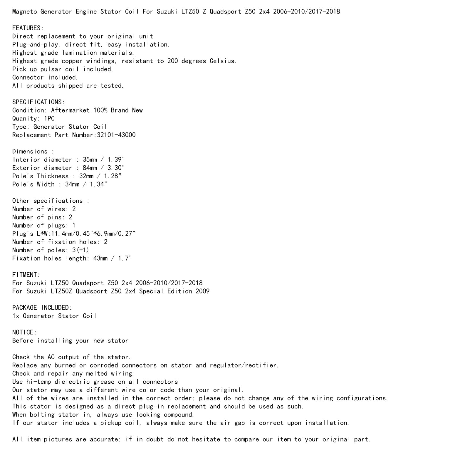 Cewka stojana Magneto dla Suzuki LTZ50 /Z Quadsport Z50 2x4 2006-2018 32101-43G00 Generic