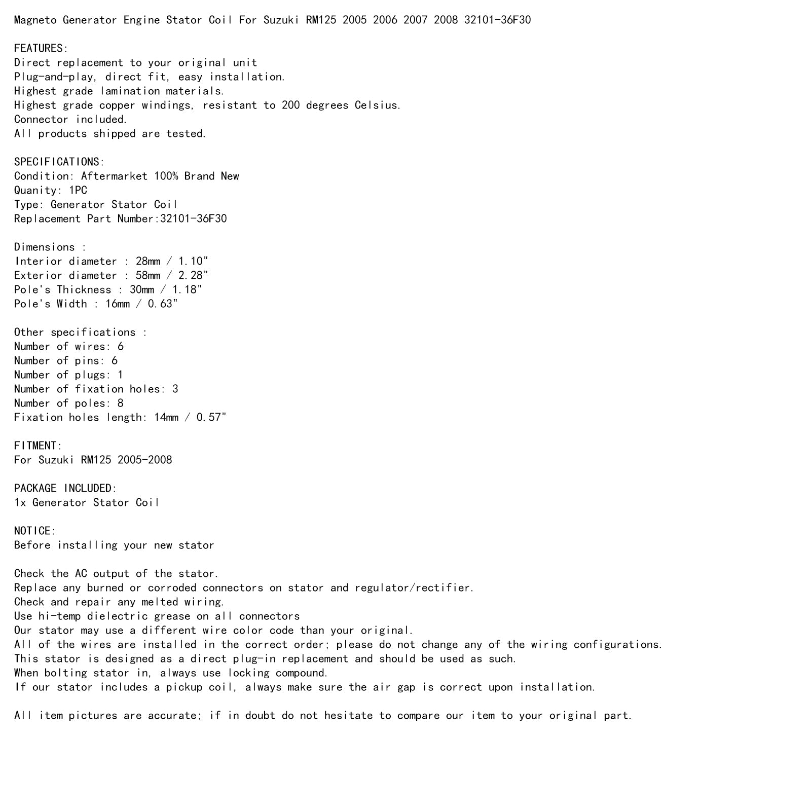 Magneto Statorspoel Voor Suzuki RM125 RM 125 2005 2006 2007 2008 32101-36F30 Generiek