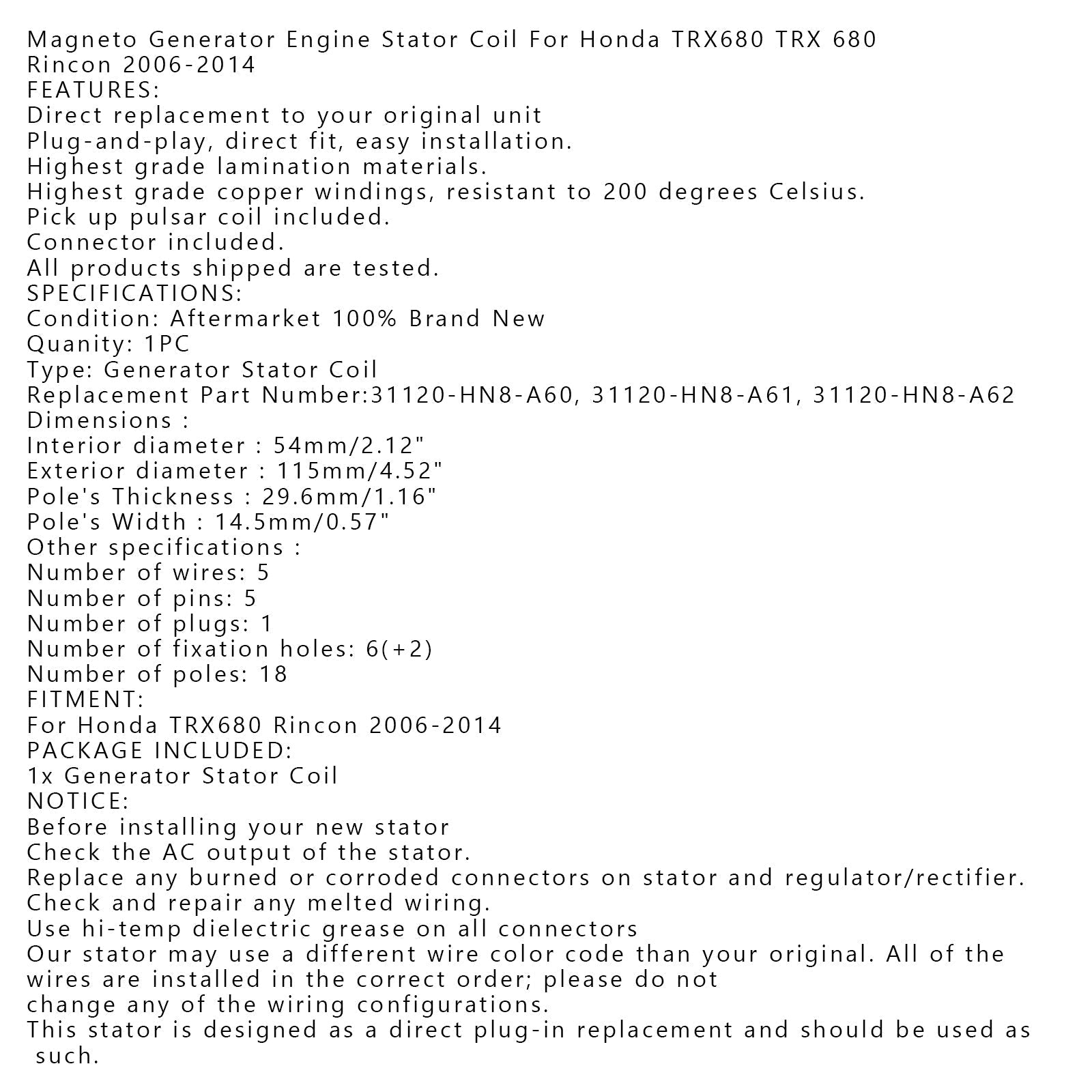 Cewka stojana Magneto dla Honda TRX680 FA FG Rincon 680 ATV 06-14 31120-HN8-A62 Generic