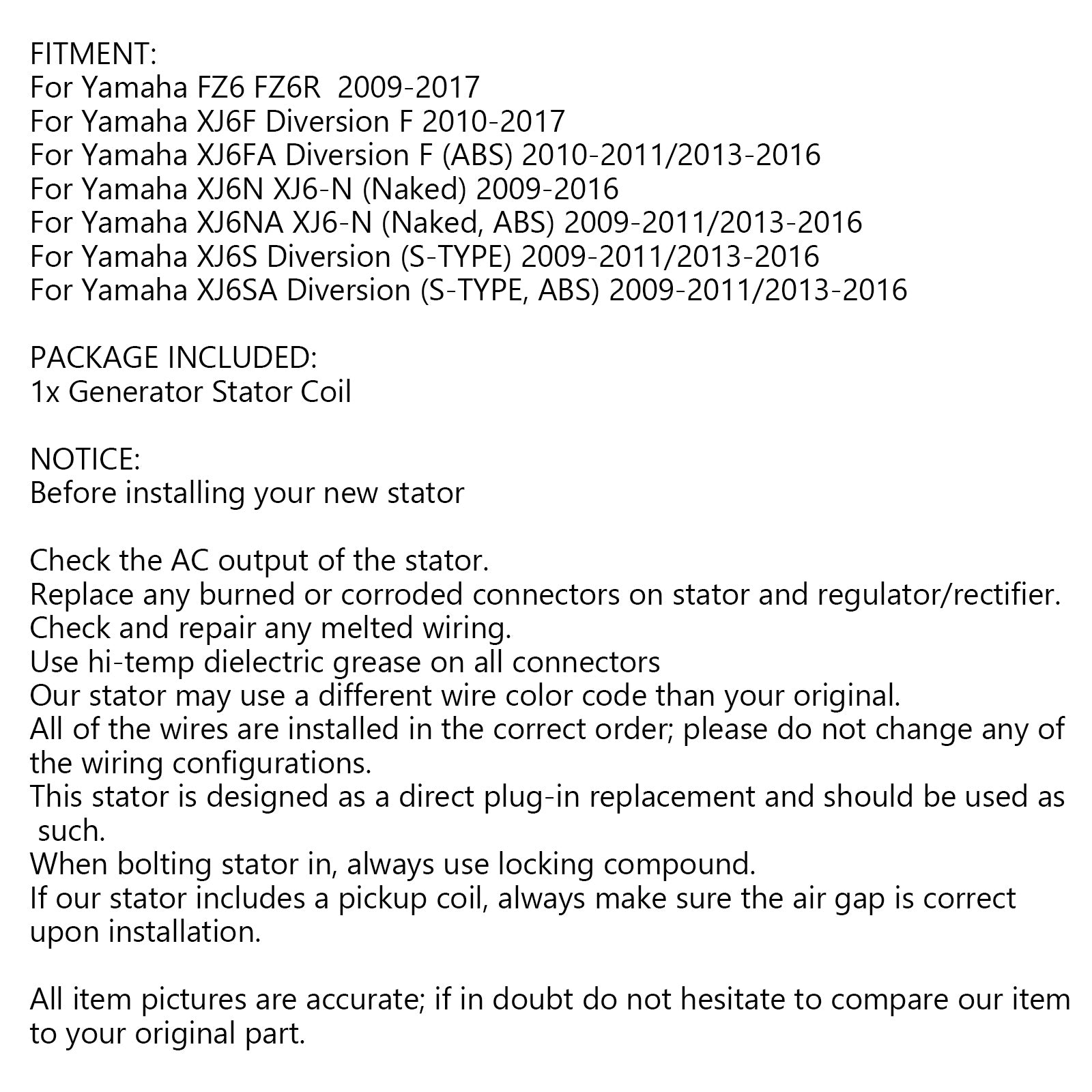 Estator generador para Yamaha XJ6 XJ6F XJ6N XJ6S Diversion 09-17 20S-81410-00 genérico