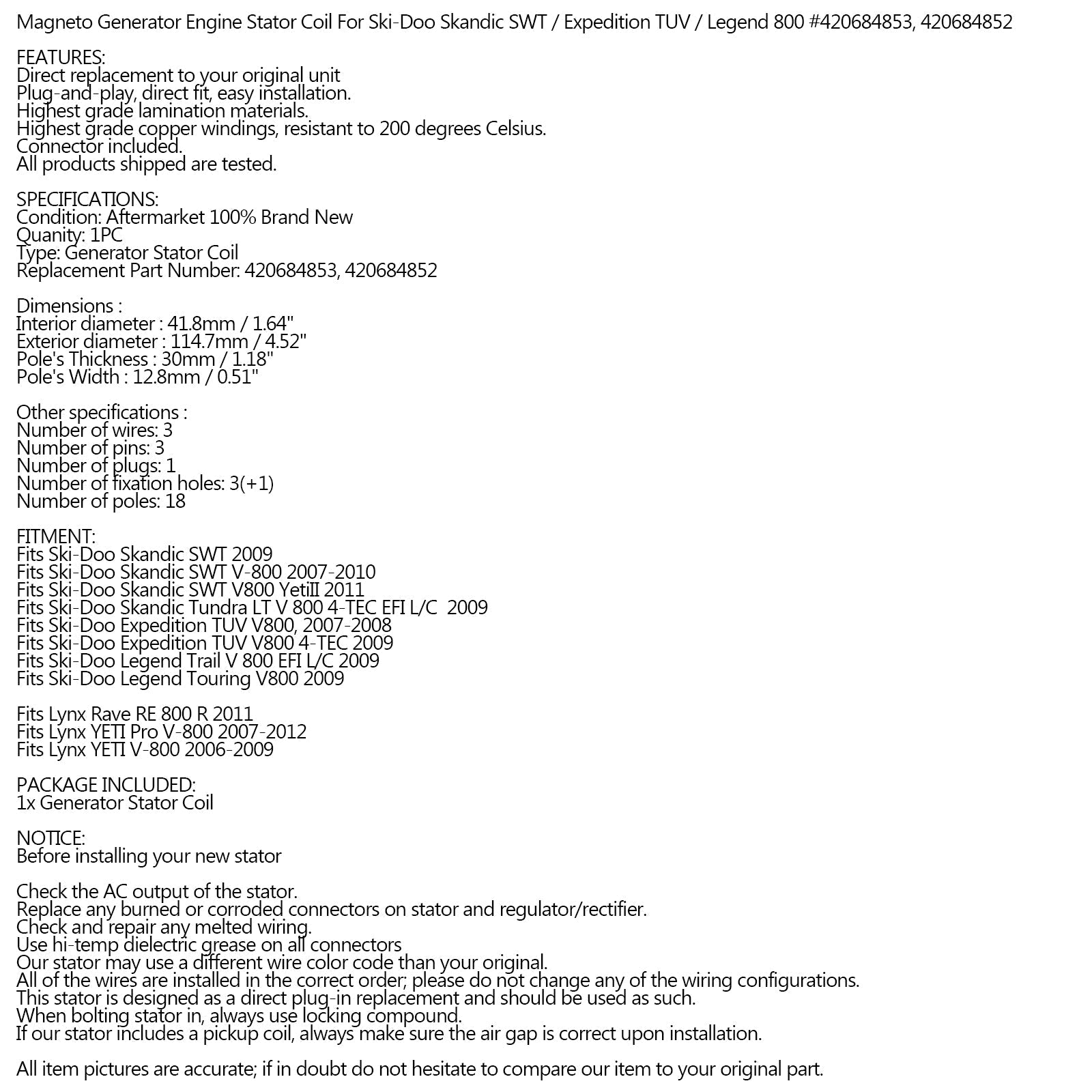 Magneto Staattori Ski-Doo Skandic Expedition Legend V800 420684853 420684852 Generic