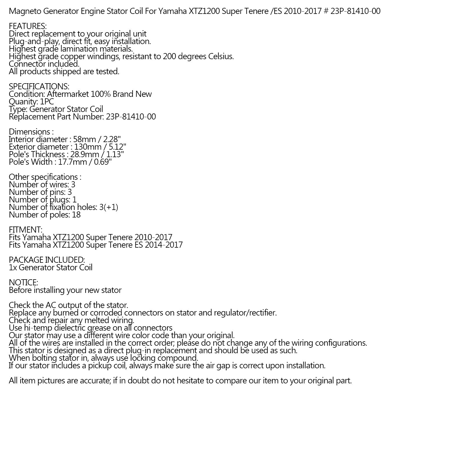 Magneto Statore Per Yamaha XTZ1200 Super Tenere 1200 10-17 Sostituisci 23P-81410-00-00 Generico