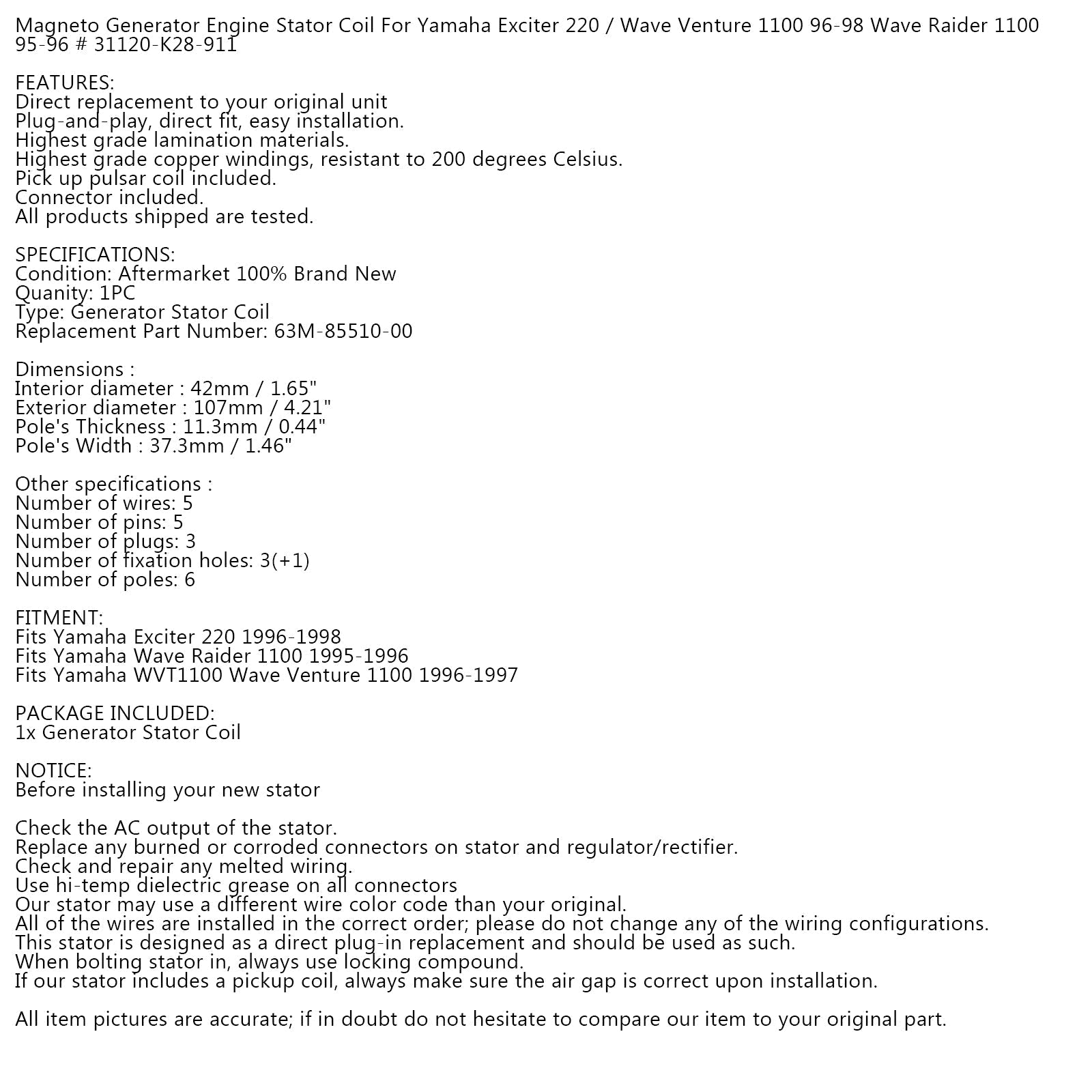 Staattorigeneraattori Yamaha WVT1100 Wave Venture / Radider 1100 63M-85510-00 Generic