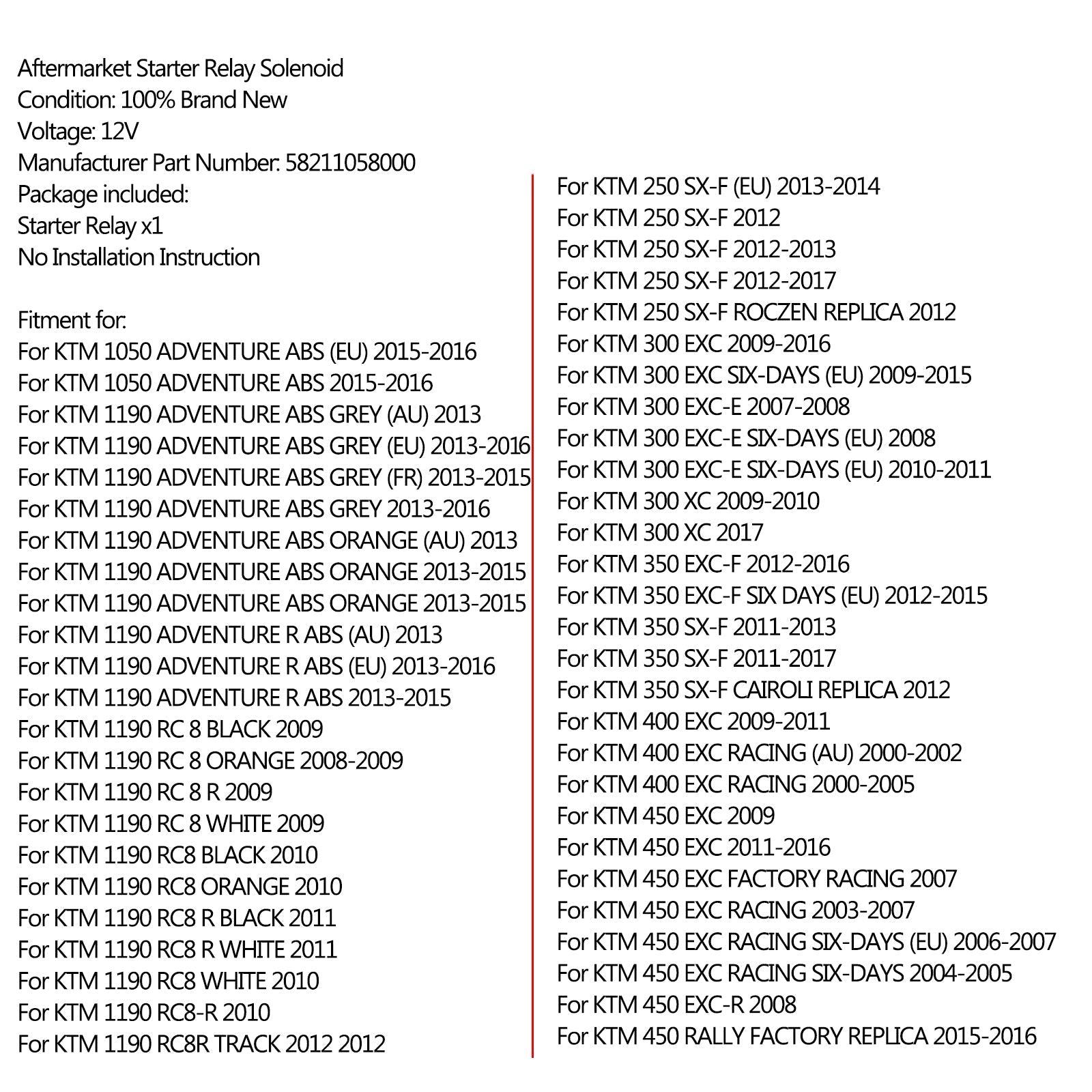 Relais de solénoïde de démarreur pour KTM 1190 RC 8 1290 SUPER ADVENTURE 200 250 690 950 générique