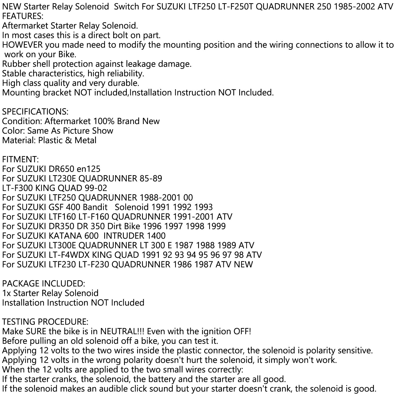 Relais de solénoïde de démarreur compatible avec SUZUKI LTF250 LT-F250T QUADRUNNER 250 1985-2002 ATV générique