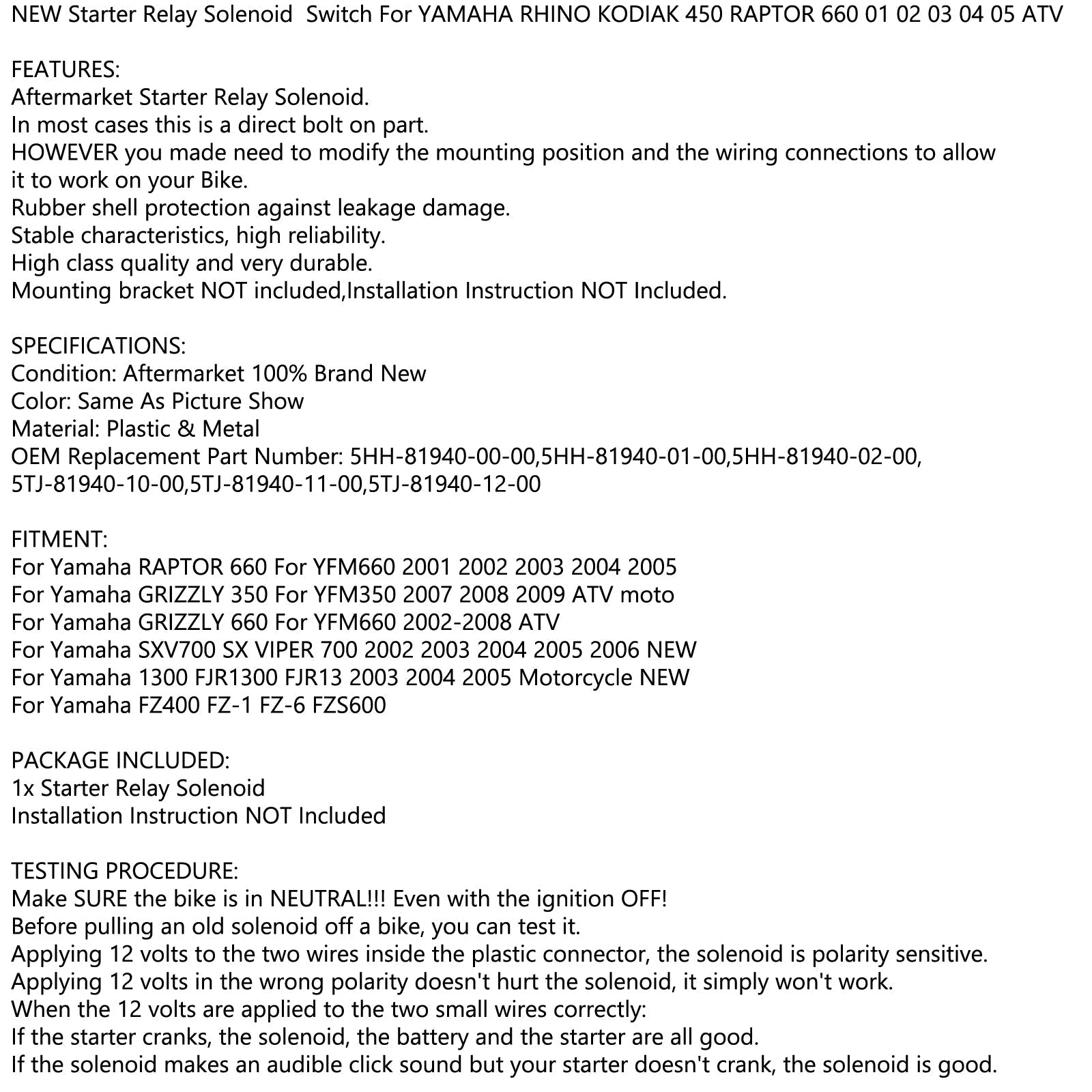 Solenoid przekaźnika startowego dla Yamaha Rhino Kodiak 450 Raptor 660 01 02 03 04 05 ATV Generic