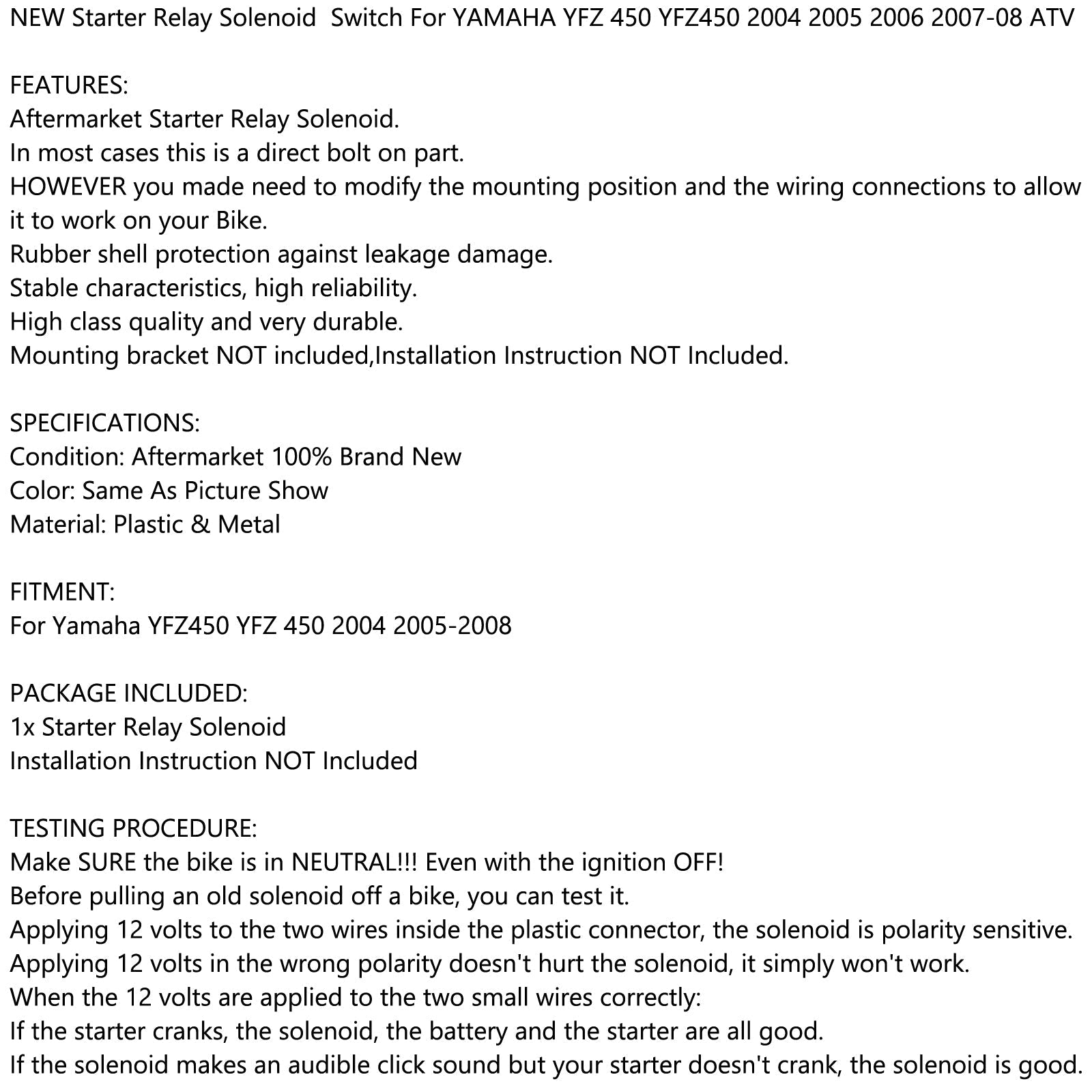 Solenoide di starter relè per Yamaha YFZ 450 YFZ450 2004 2005 2006 2007-08 ATV Nuovo generico