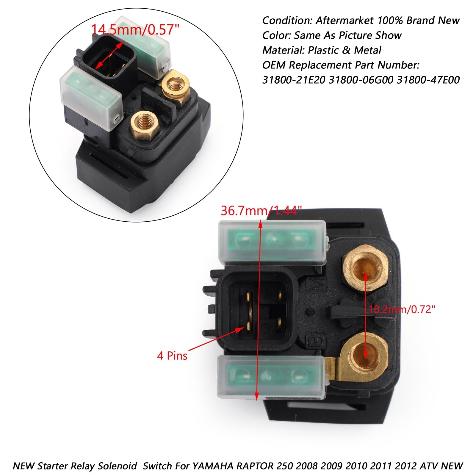 Startrelais Solenoid PAST YAMAHA RAPTOR 250 2008 2009 2010 2011 2012 ATV NIEUWE Generieke