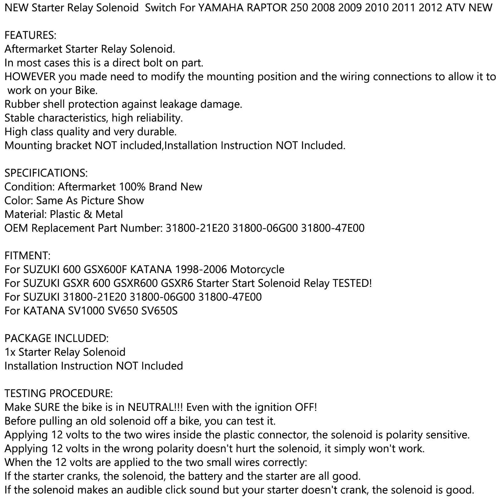 Startrelais Solenoid PAST YAMAHA RAPTOR 250 2008 2009 2010 2011 2012 ATV NIEUWE Generieke