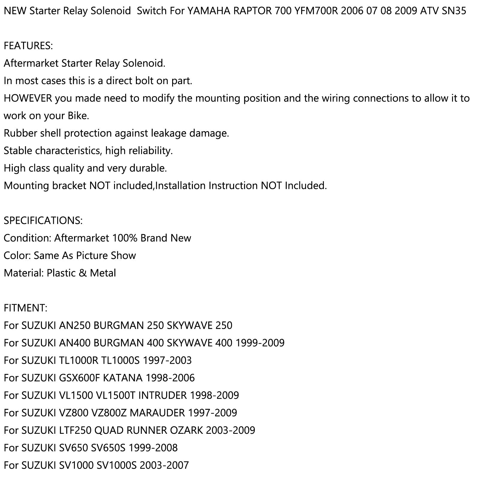 Solenoide de relé de arranque para YAMAHA RAPTOR 700 YFM700R 2006 07 08 2009 ATV SN35 genérico