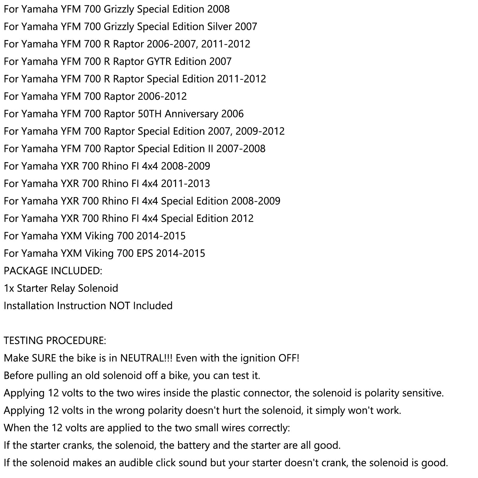 Solenoide de relé de arranque para YAMAHA RAPTOR 700 YFM700R 2006 07 08 2009 ATV SN35 genérico