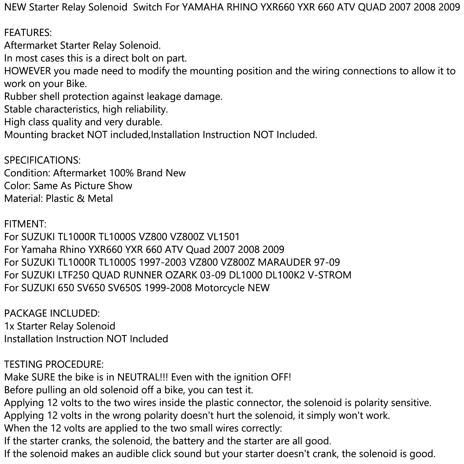 Solénoid początkowy przekaźnik dla Yamaha Rhino Yxr660 Yxr 660 ATV Quad 2007 2008 2009 Generic