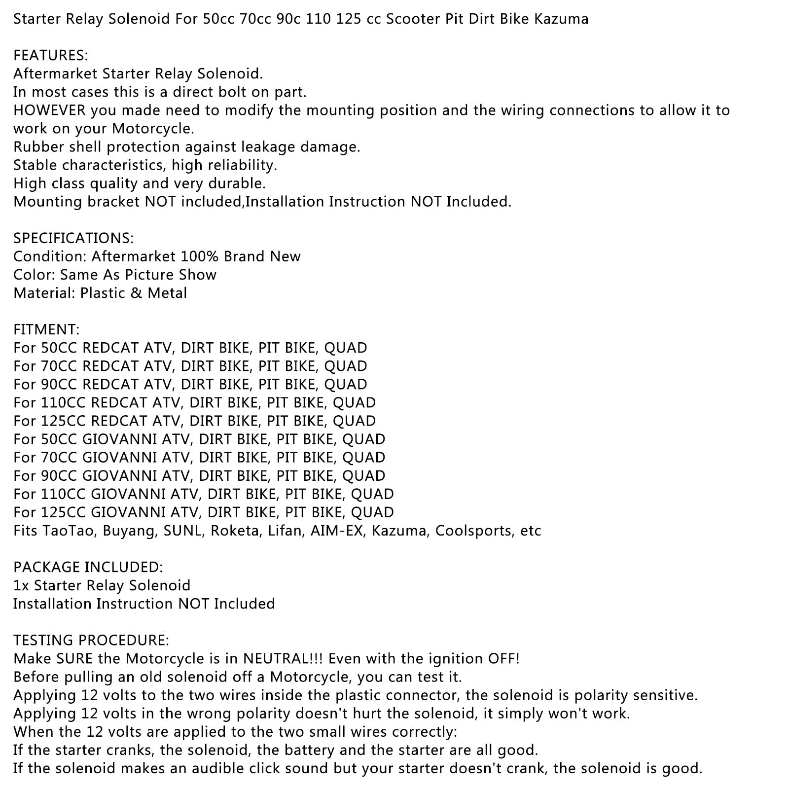 Elektromagnes przekaźnika rozrusznika dla 50cc 70cc 90c 110 125 cc skuter Pit Dirt Bike Kazuma Generic
