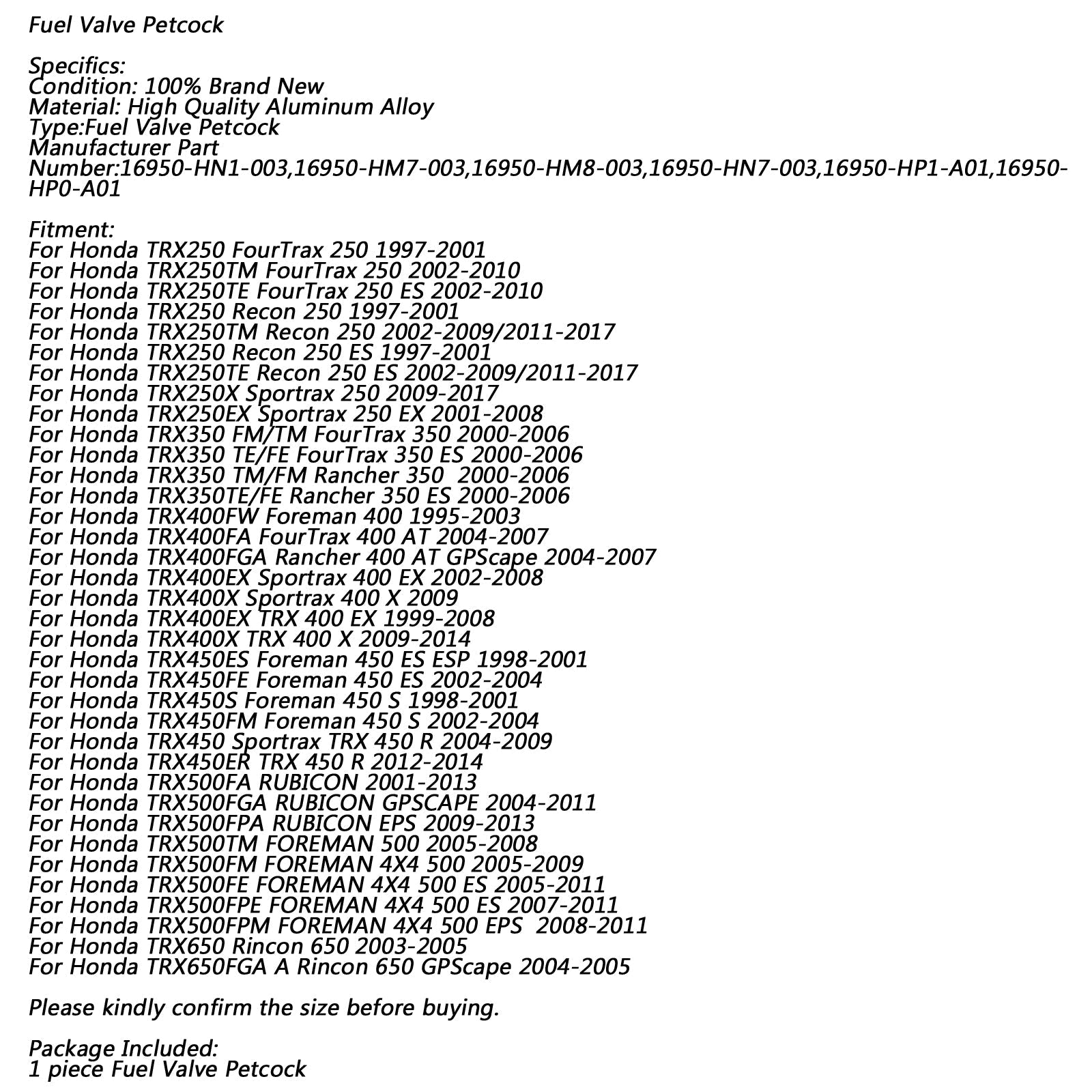 Interruptor de válvula de purga de gas combustible para Honda 16950-HN1-003 TRX400EX TRX400 TRX450 genérico