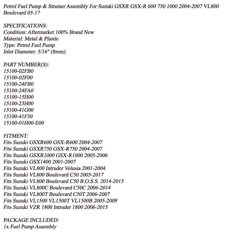 Brandstofpomp en zeef voor Suzuki 04-07 GSXR 600 750 05-06 GSXR-1000 15100-41G00 Generiek