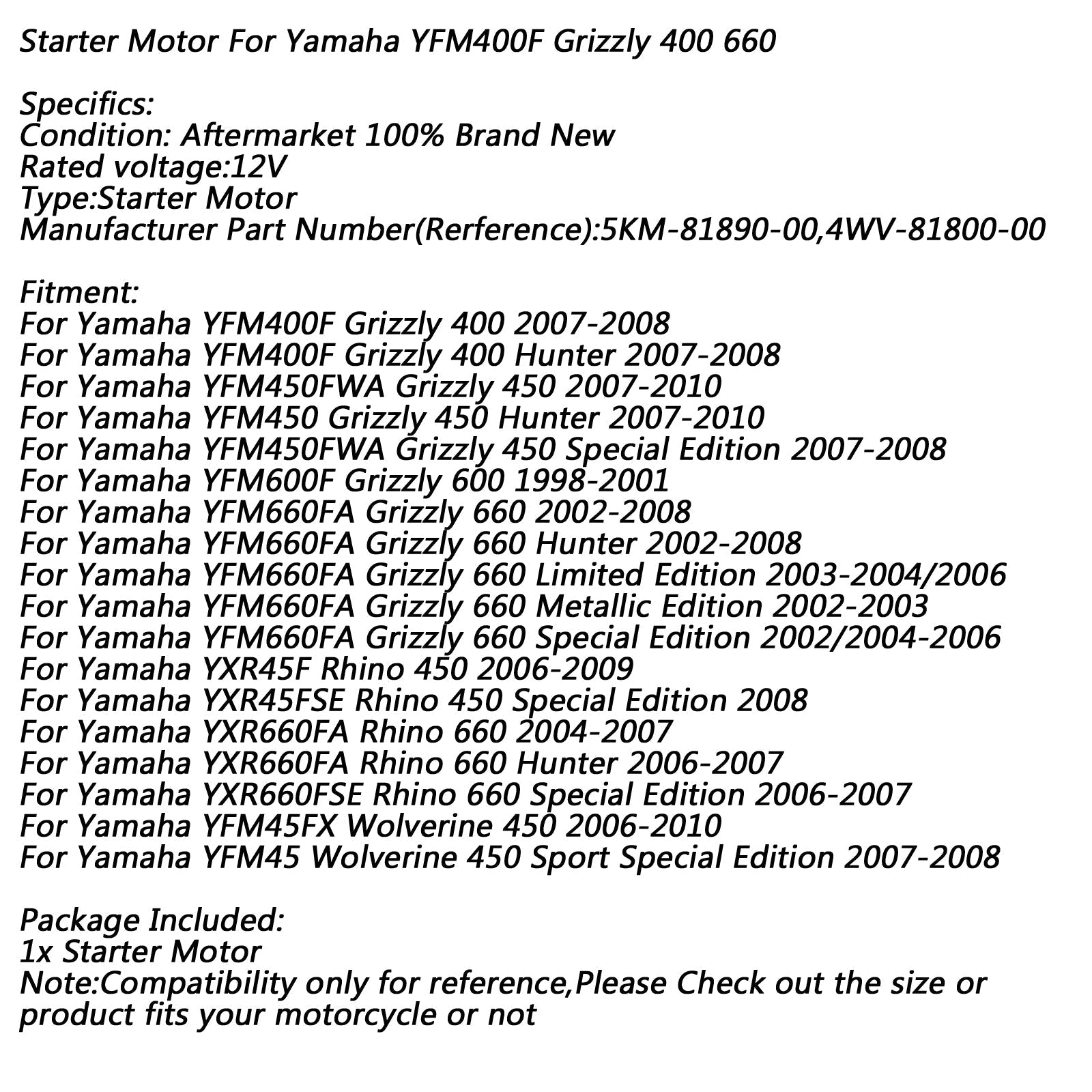2007-2008 Yamaha YFM450FWA Grizzly 450 Special Edition Uusi 9 spline-käynnistysmoottori 4WV-81800-00-00