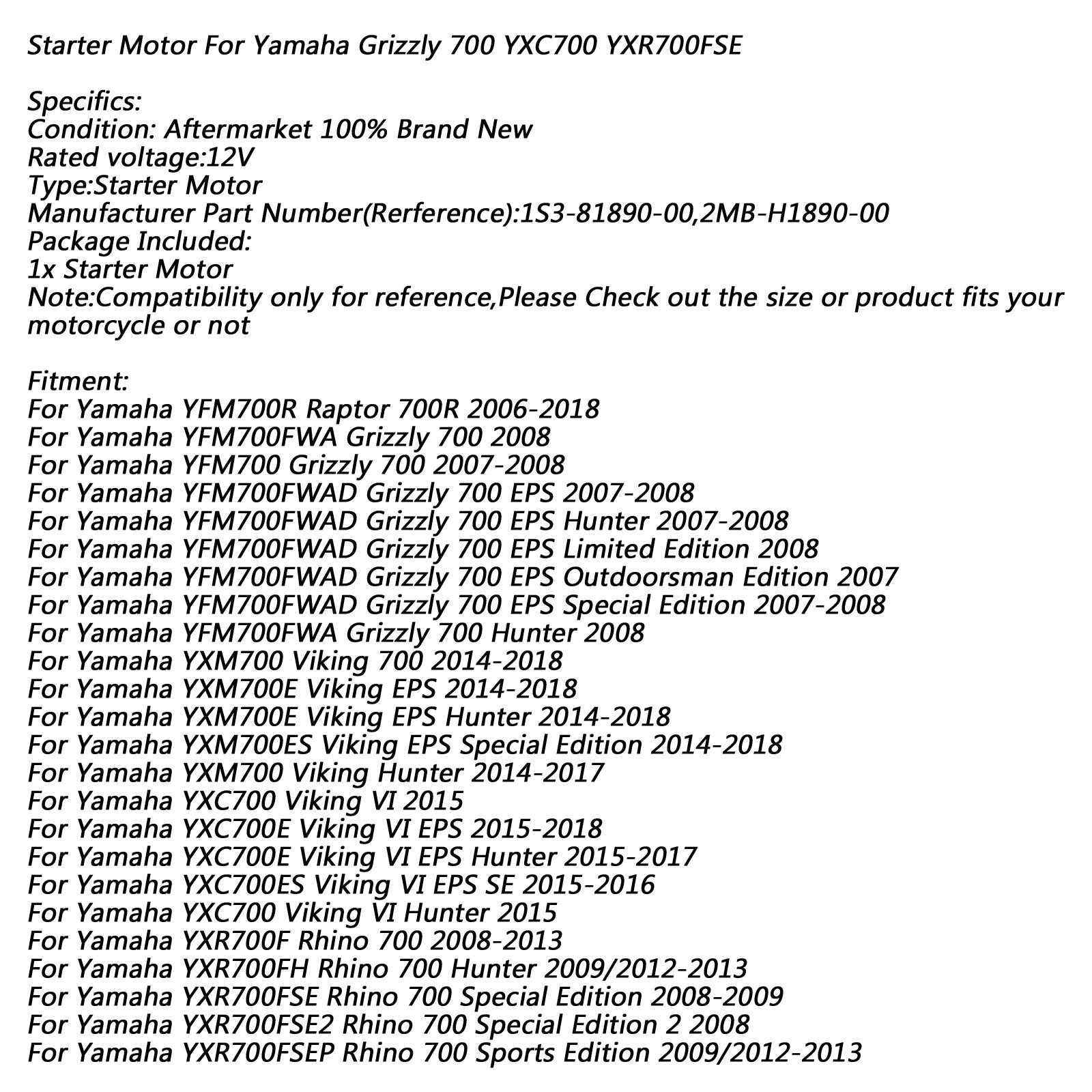 Rozrusznik elektryczny do Yamaha YFM Raptor 700R Grizzly YXC700 YXM700 YXR700F Generic