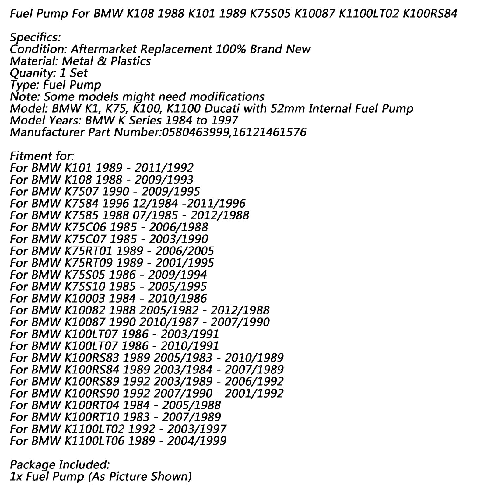 Pompe à carburant pour BMW K1 K75 C RT K100 LT RS RT K1100 LT K75C07 K10082 0580463999 générique