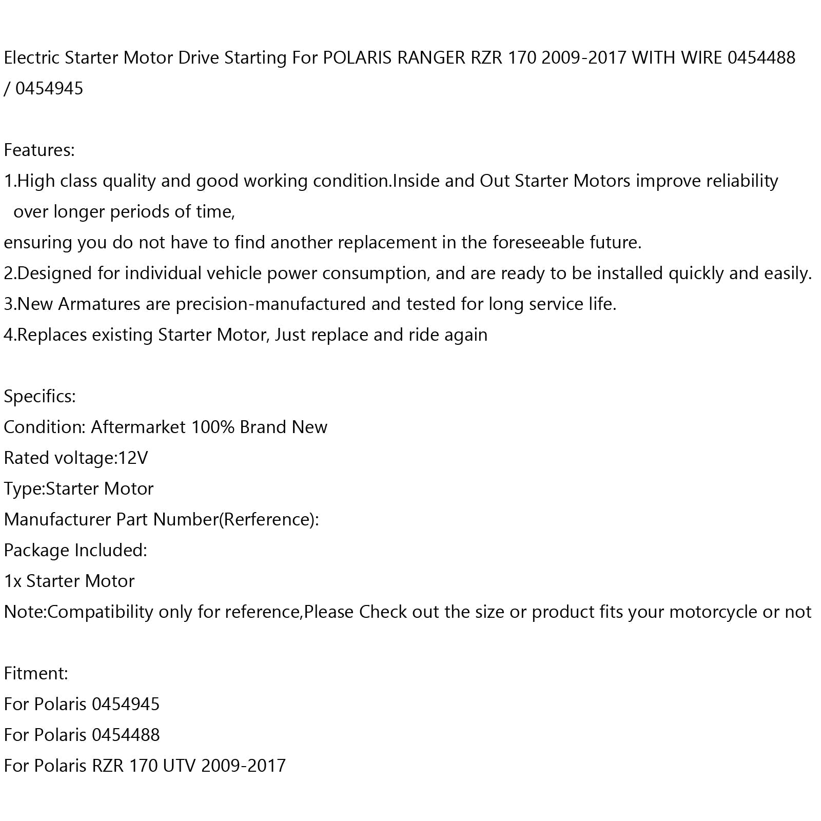 Arrancador eléctrico con cable para Polaris RZR 170 UTV 2009-17 0454488 0454945 Genérico