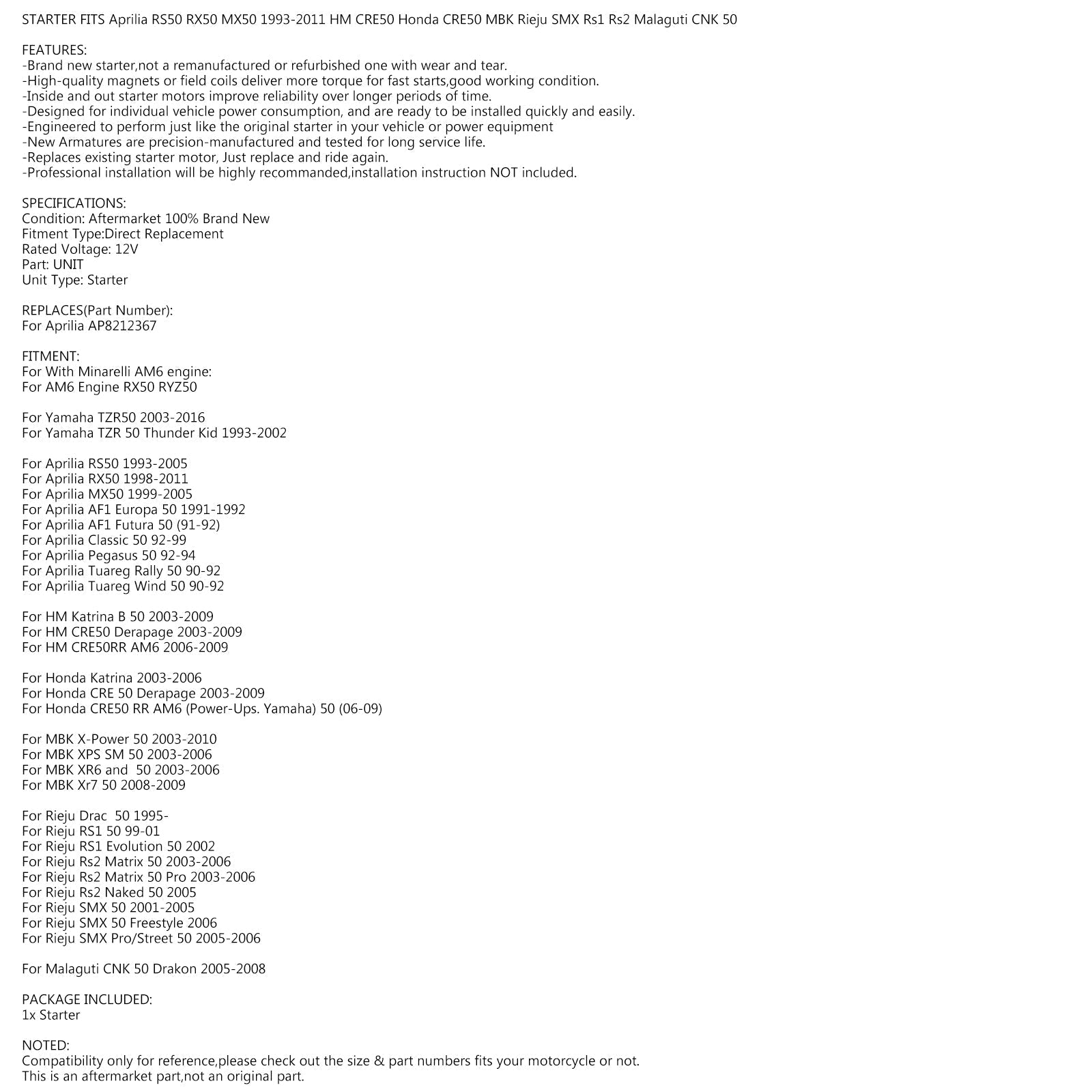 Motor de arranque para Aprilia RS RX MX 50cc 1993-2011 MINARELLI AM6 motor RX RYZ genérico