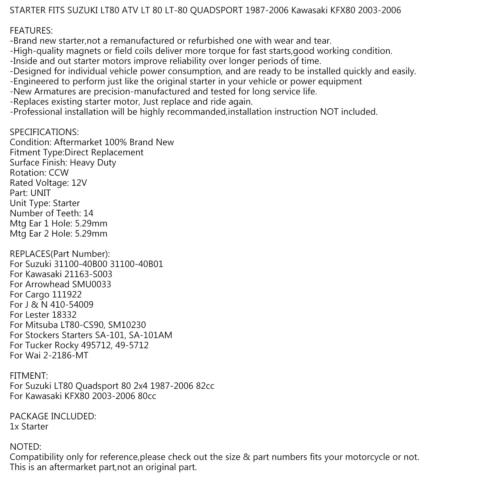 Nov zaganjalnik za Suzuki ATV LT80 Quadsport 82CC 87-06/Kawasaki KFX80 03-06 generic