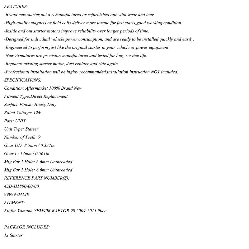Starter za Yamaha Raptor 90 YFM90R ATV 09-13 90CC 4-krat 43D-H1800-00 generic