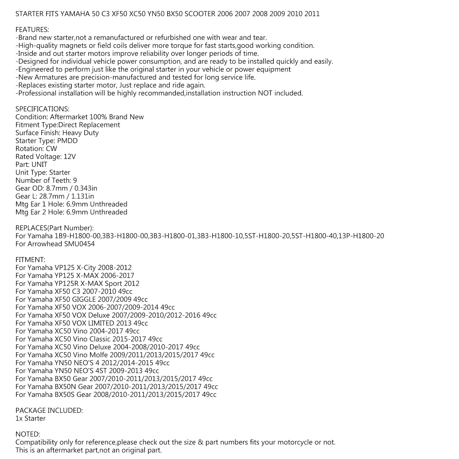 Nuevo motor de arranque para Yamaha 50 C3 GIGGLE XF50 VOX XC50 Vino YN50 BX50 Scooter 04-17 genérico
