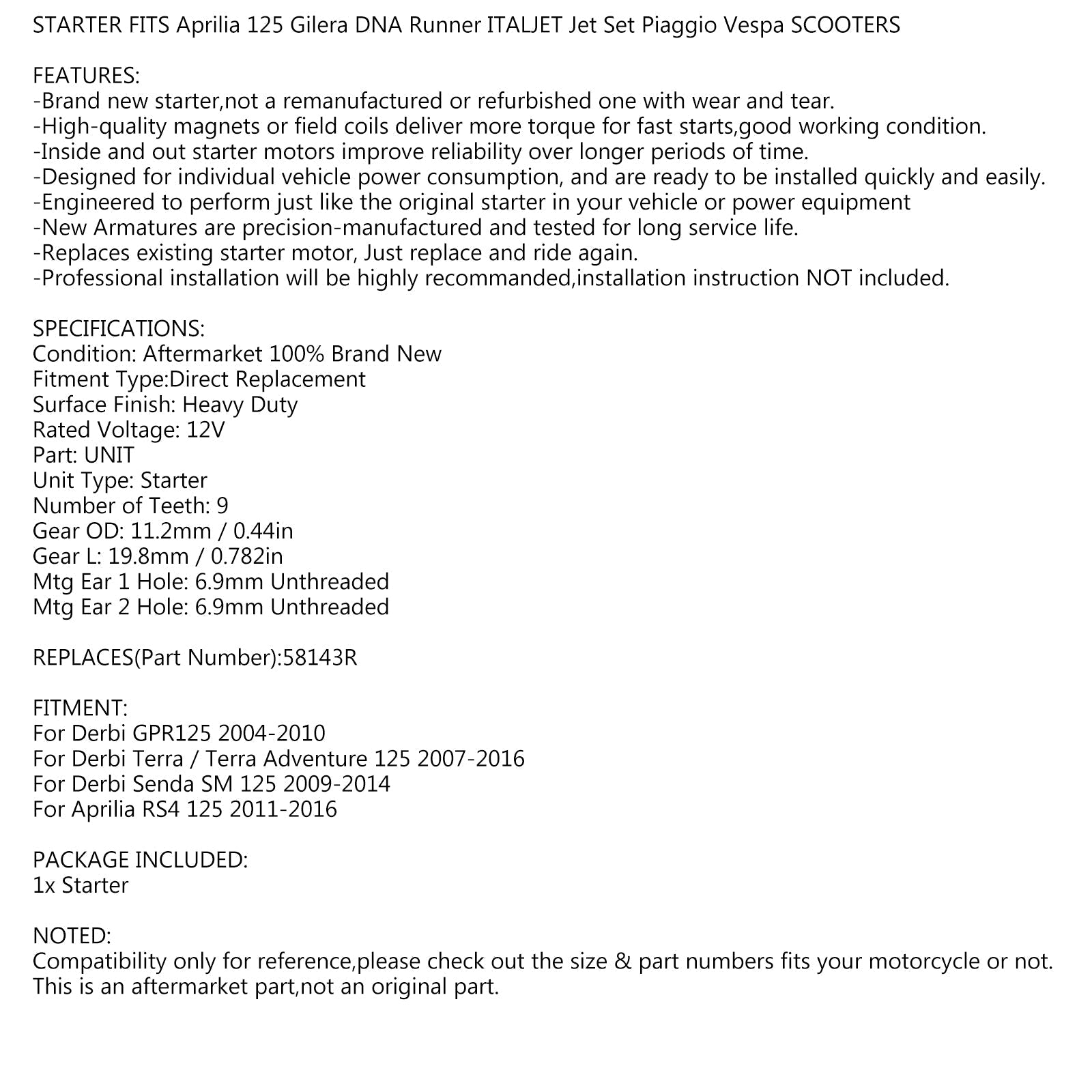 Nuevo motor de arranque para Derbi GPR125 Senda SM125 Terra 04-16 / Aprilia RS4 125 58143R genérico