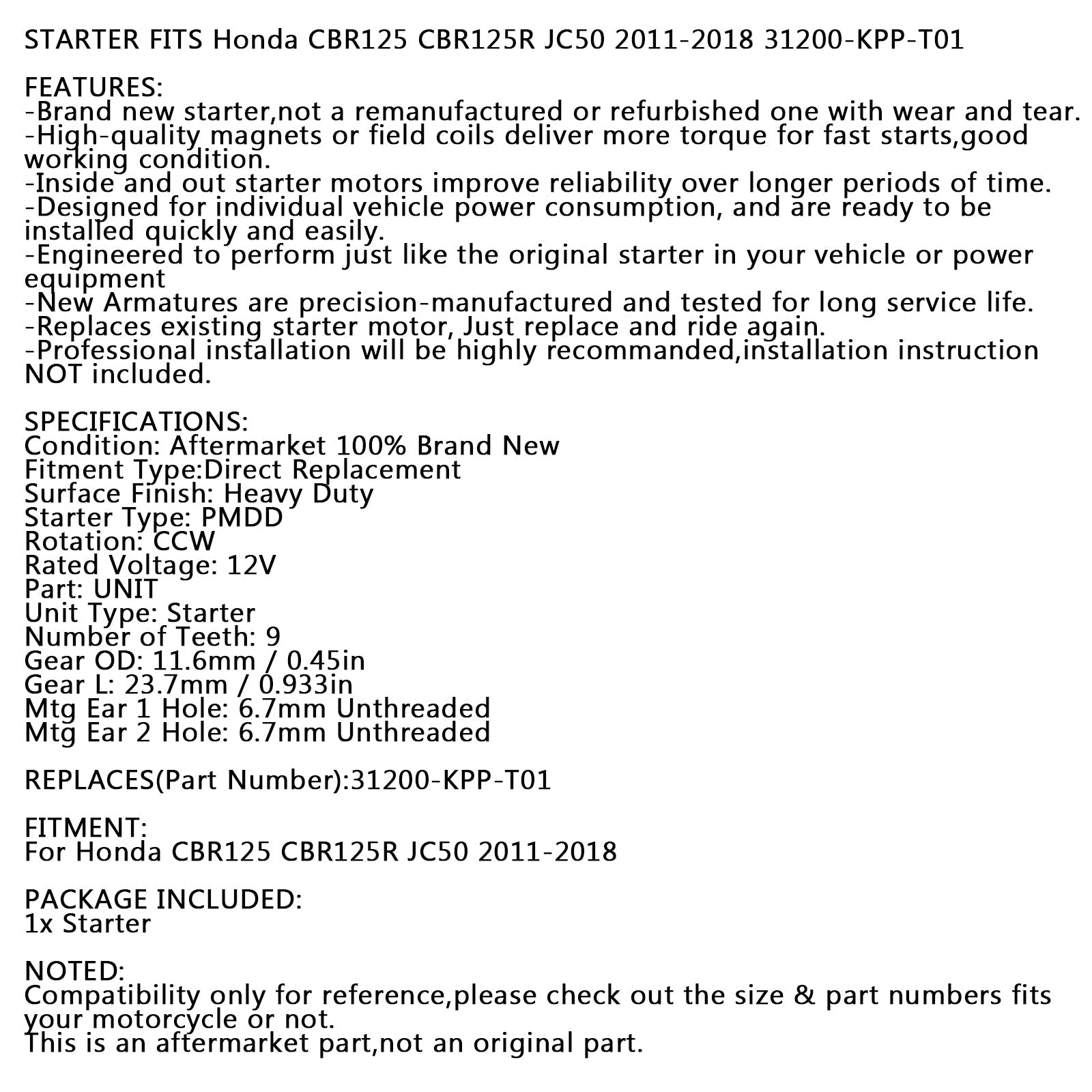 Nuevo Motor de arranque PMDD CCW 9 dientes 12V para Honda CBR125R JC50 2011-2018 31200-KPP-T01 genérico