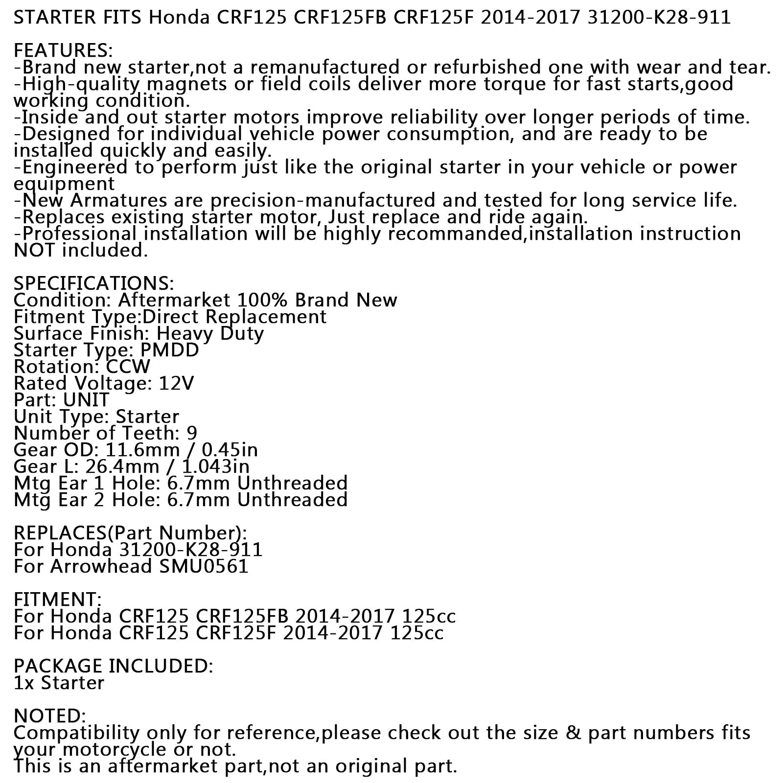 Nov zaganjalnik PMDD CCW 9 DENT 12V za Honda CRF125F CRF125FB 14-17 31200-K28-911 generično