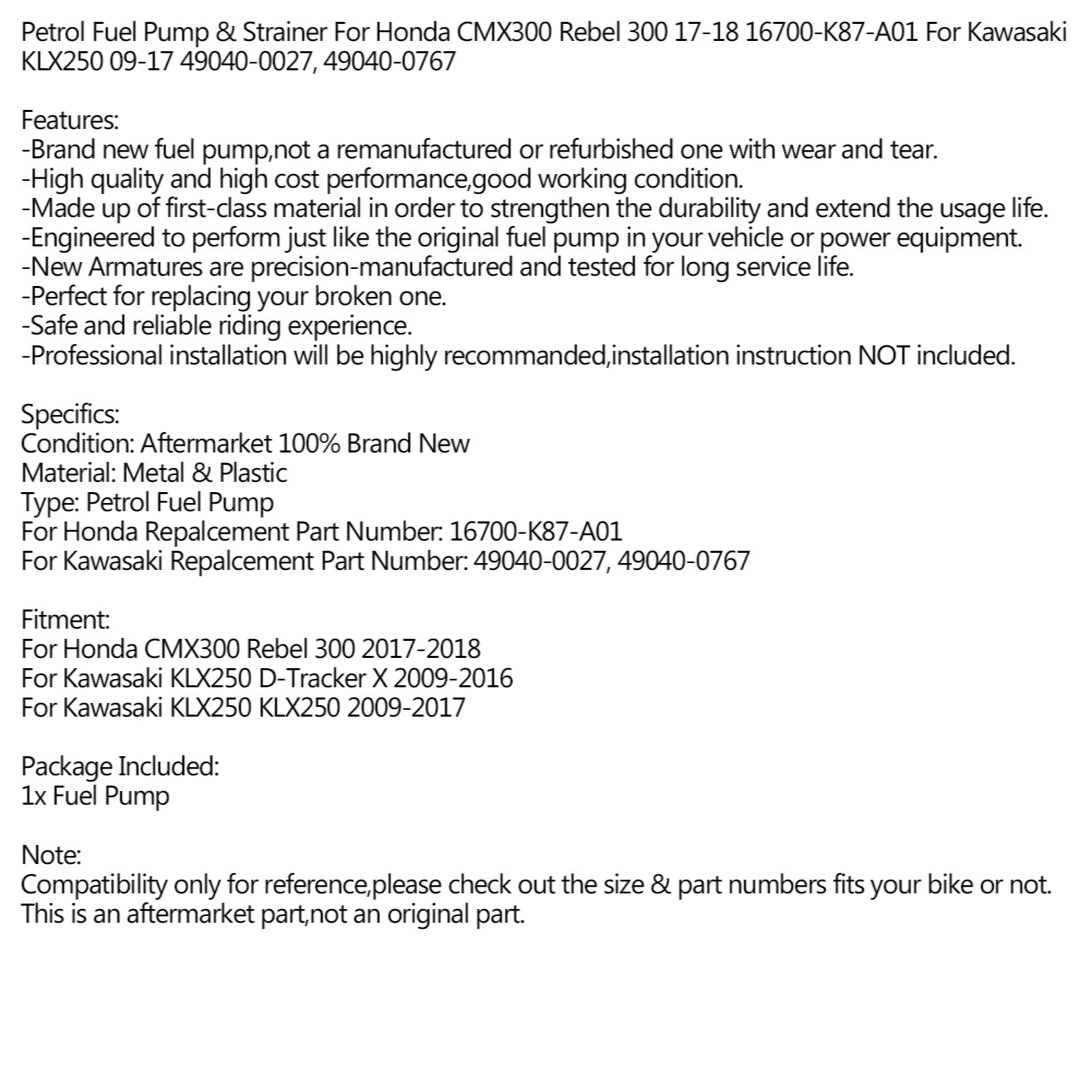 Bomba de combustible para Kawasaki KLX 250 KLX250 D-Tracker X 09-17 49040-0027,49040-0767 genérico