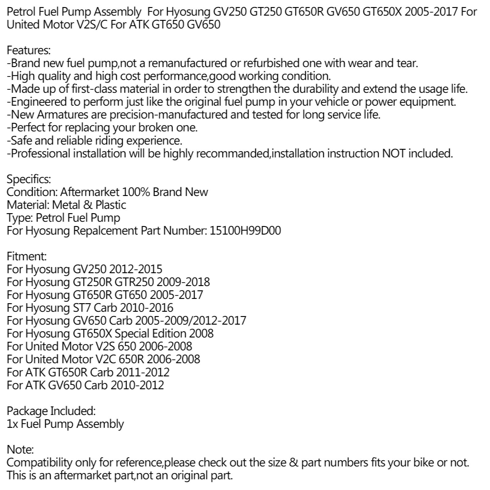 Sklop črpalke za gorivo za Hyosung GT250R EFI GT650R EFI ST7 GV250 GV650 15100H99D00 Generic