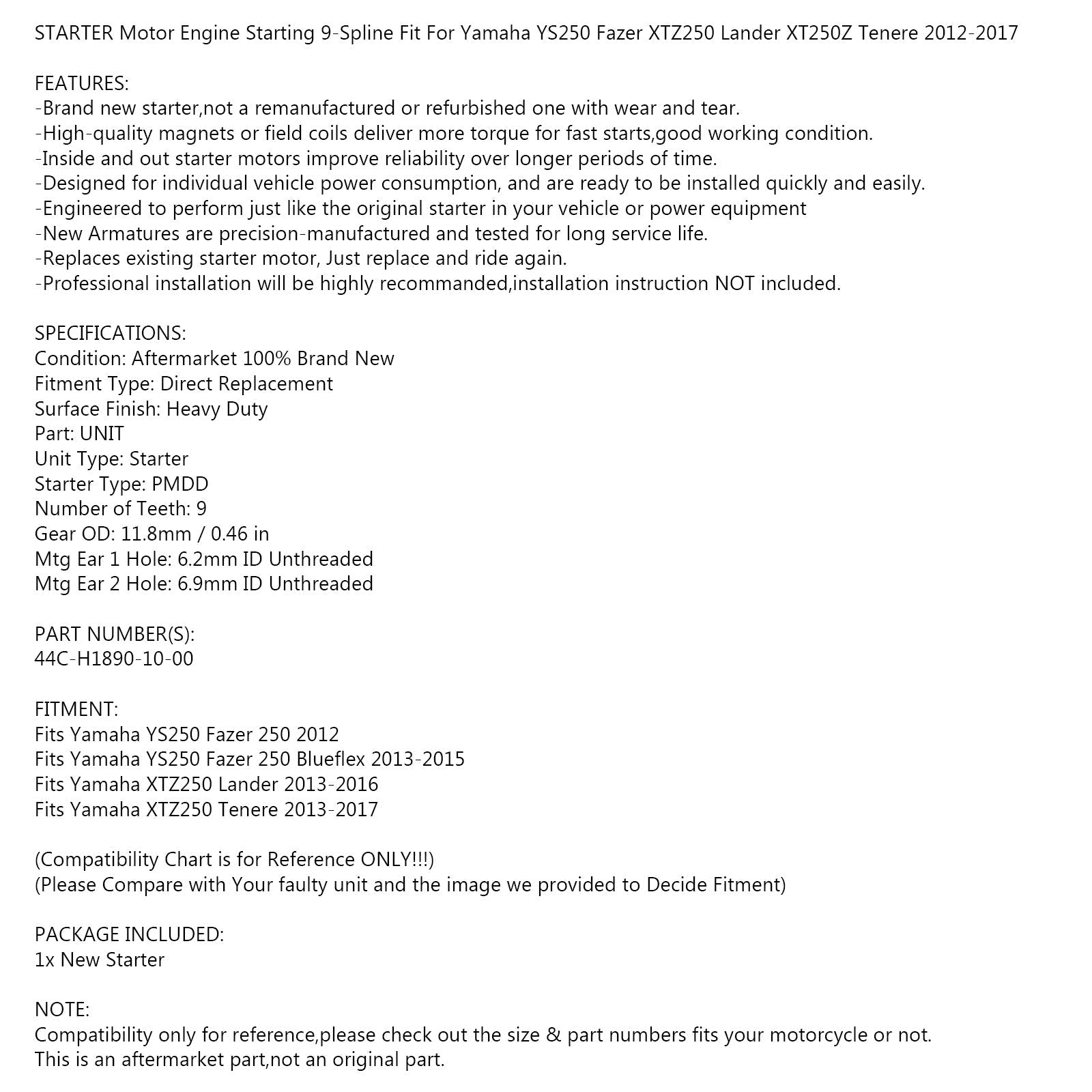 Rozrusznik pasuje do Yamaha YS250 Fazer XTZ250 Lander XT250Z Tenere 2013-2017 Generic