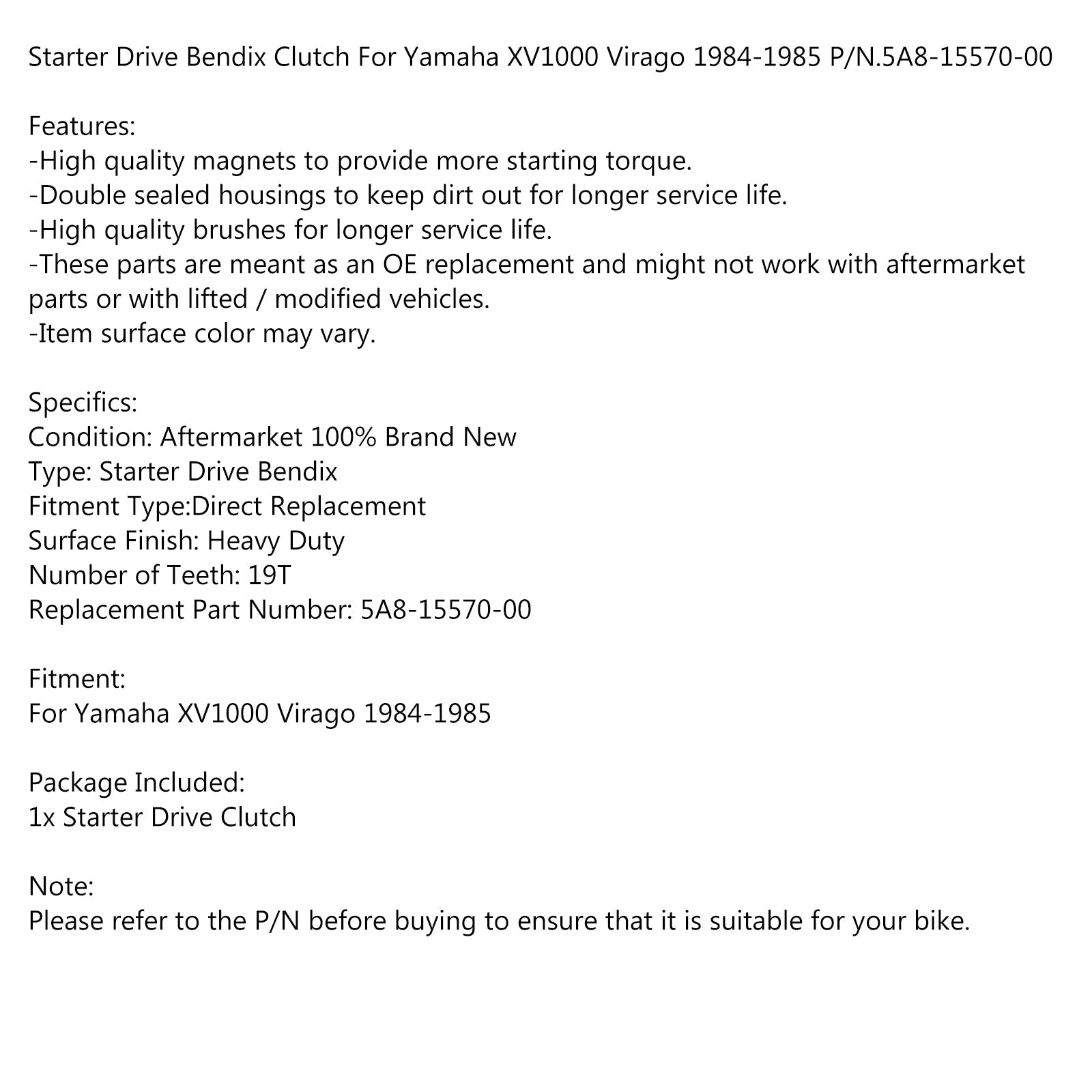Embrague del motor de arranque para YAMAHA VIRAGO XV 700 750 1000 1100 P/N.3LP-15570-00-00 Genérico
