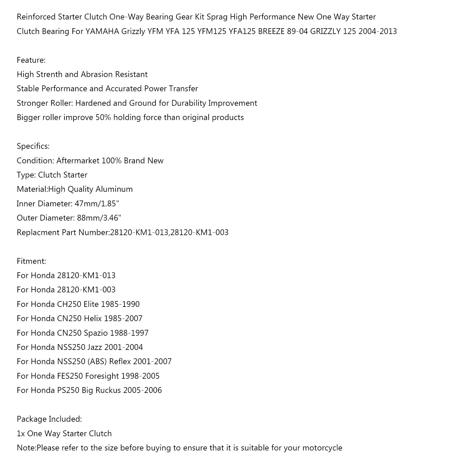 Eno poti za valjanje za starter sklopko za Honda CH250 Elitni skuter NSS250 generic